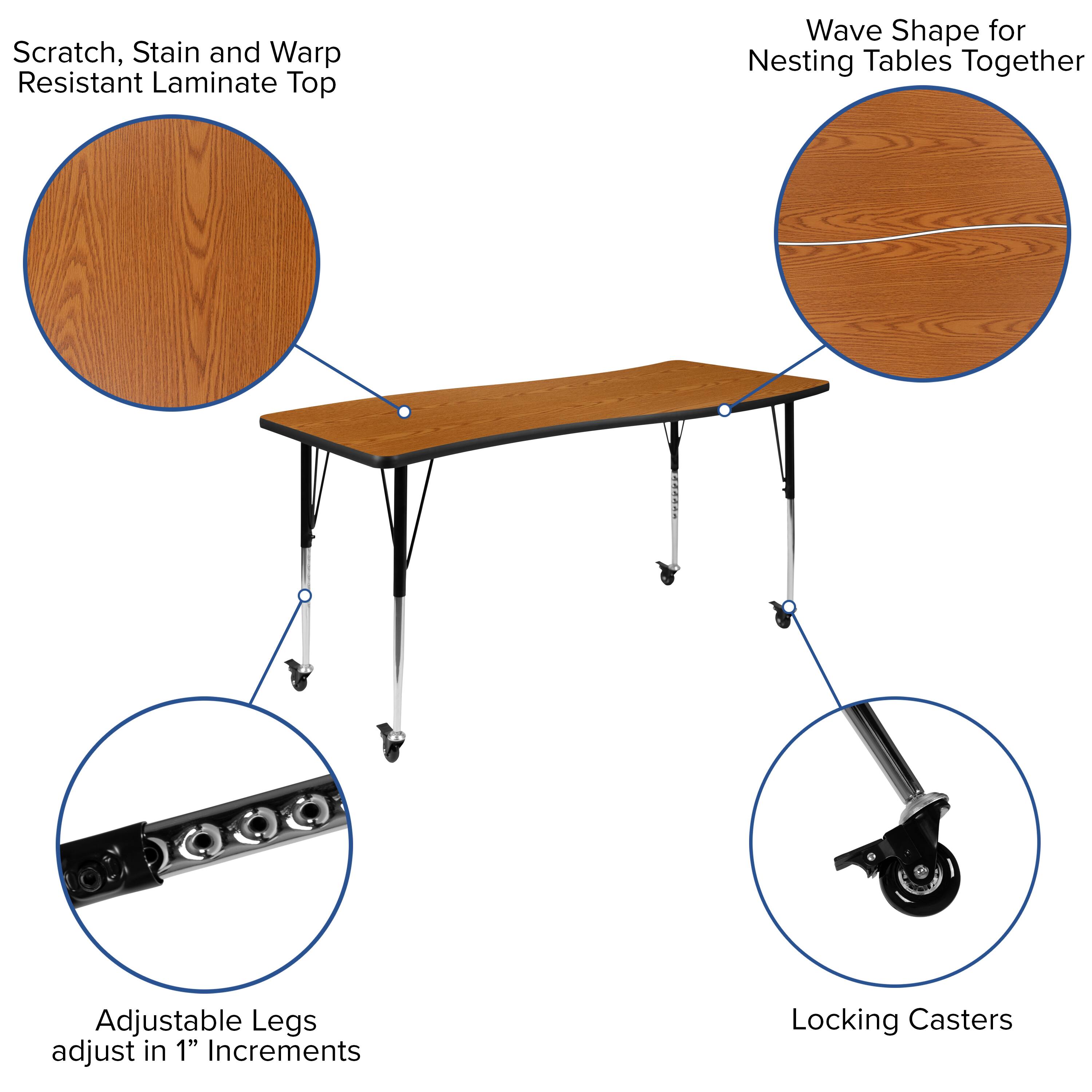Scratch, Stain and Warp Resistant Laminate Top

Wave Shape for Nesting Tables Together

Adjustable Legs adjust in 1" Increments

Locking Casters