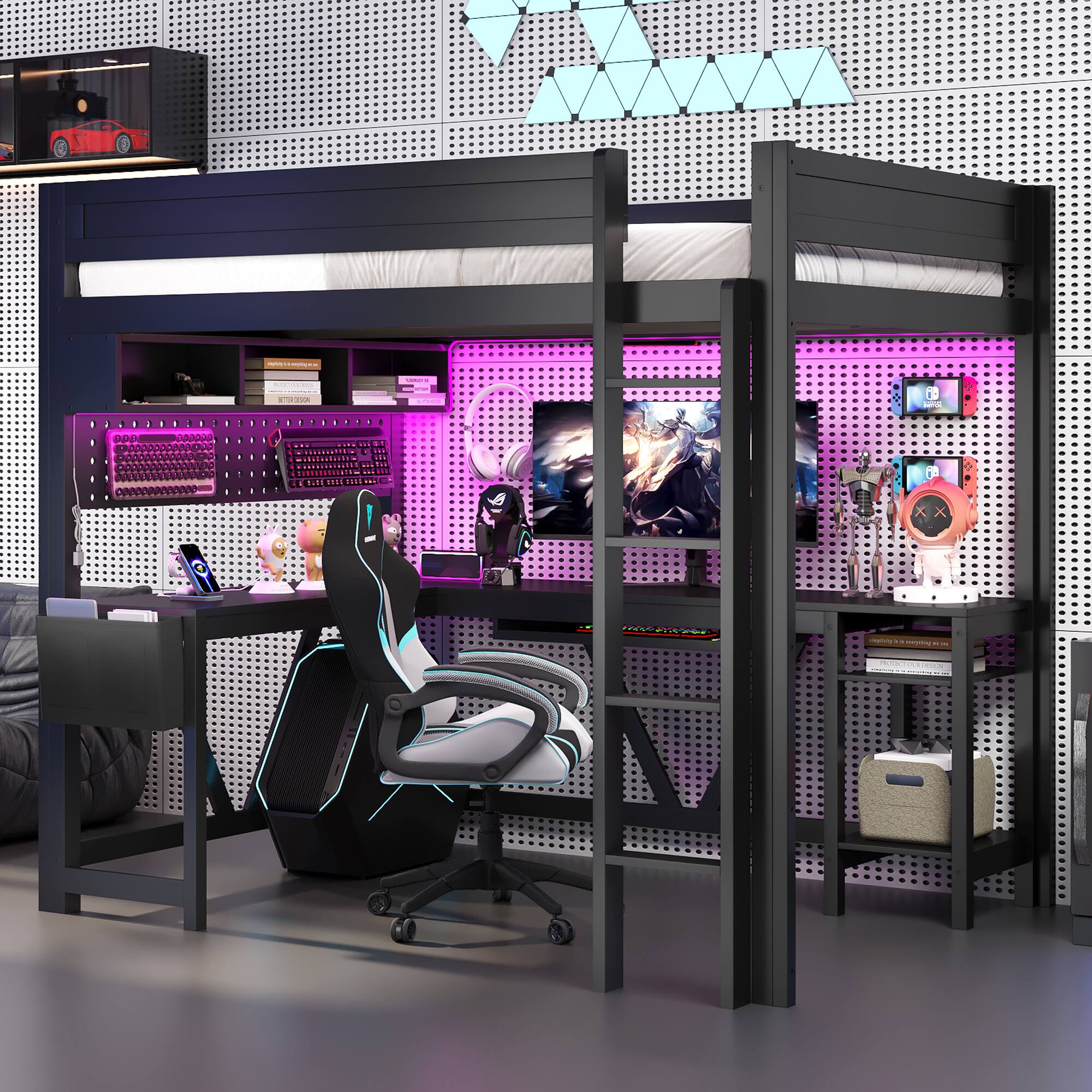 Back. Anysun - Anysun Wood Full Size Gaming Loft Bed with LED and Charging Station, Assembly Required - Black.
