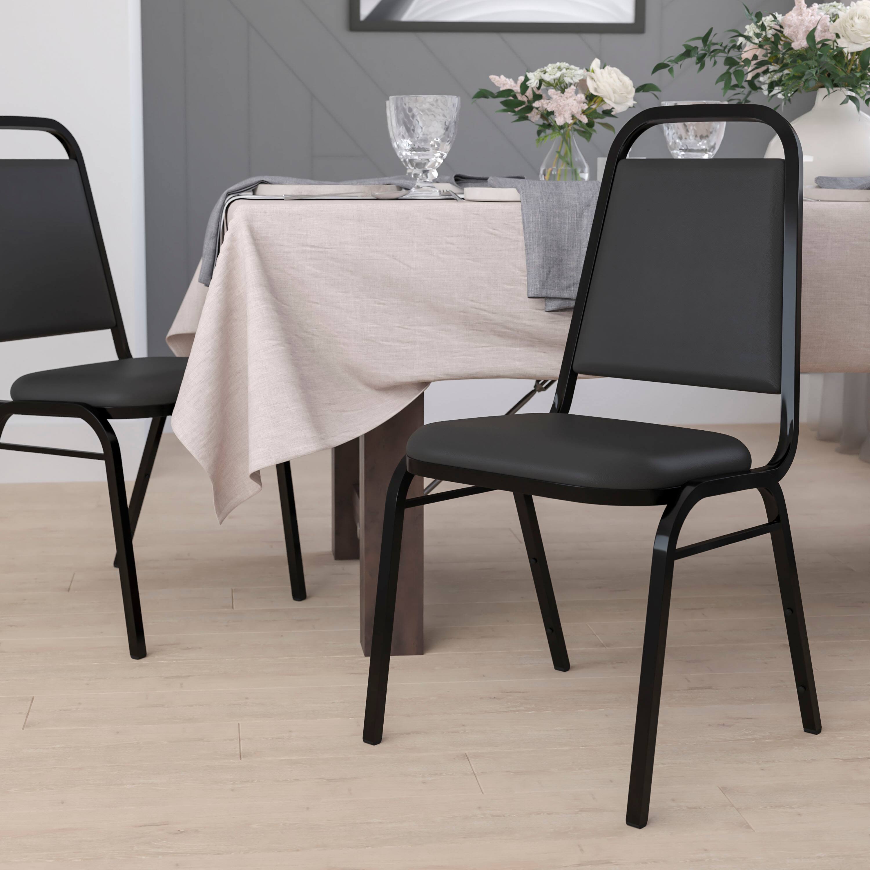 Alt View 1. Emma + Oliver - Trapezoidal Back Stacking Banquet Dining Chair - 1.5" Thick Seat - Black Vinyl/Black Frame.