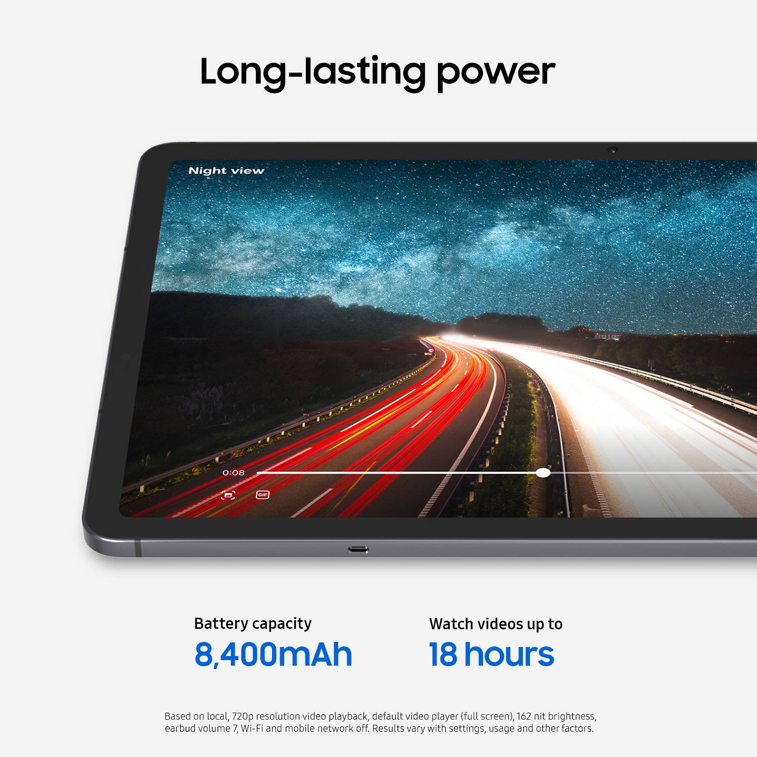 Long-lasting power

Night view

Battery capacity  
8,400mAh

Watch videos up to  
18 hours

Based on local, 720p resolution video playback, default video player (full screen), 162 nit brightness, earbud volume 7, Wi-Fi and mobile network off. Results vary with settings, usage and other factors.