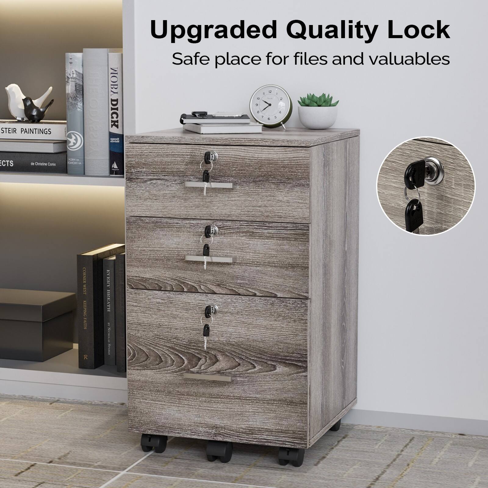 Alt View 5. Winado - 26"H 3 Drawer File Cabinet with Lock Wood File Cabinets with Hanging Bar - Gray Oak.