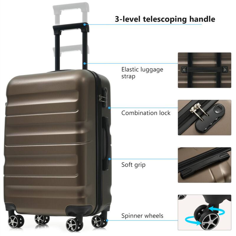 3-level telescoping handle  
Elastic luggage strap  
Combination lock  
Soft grip  
Spinner wheels