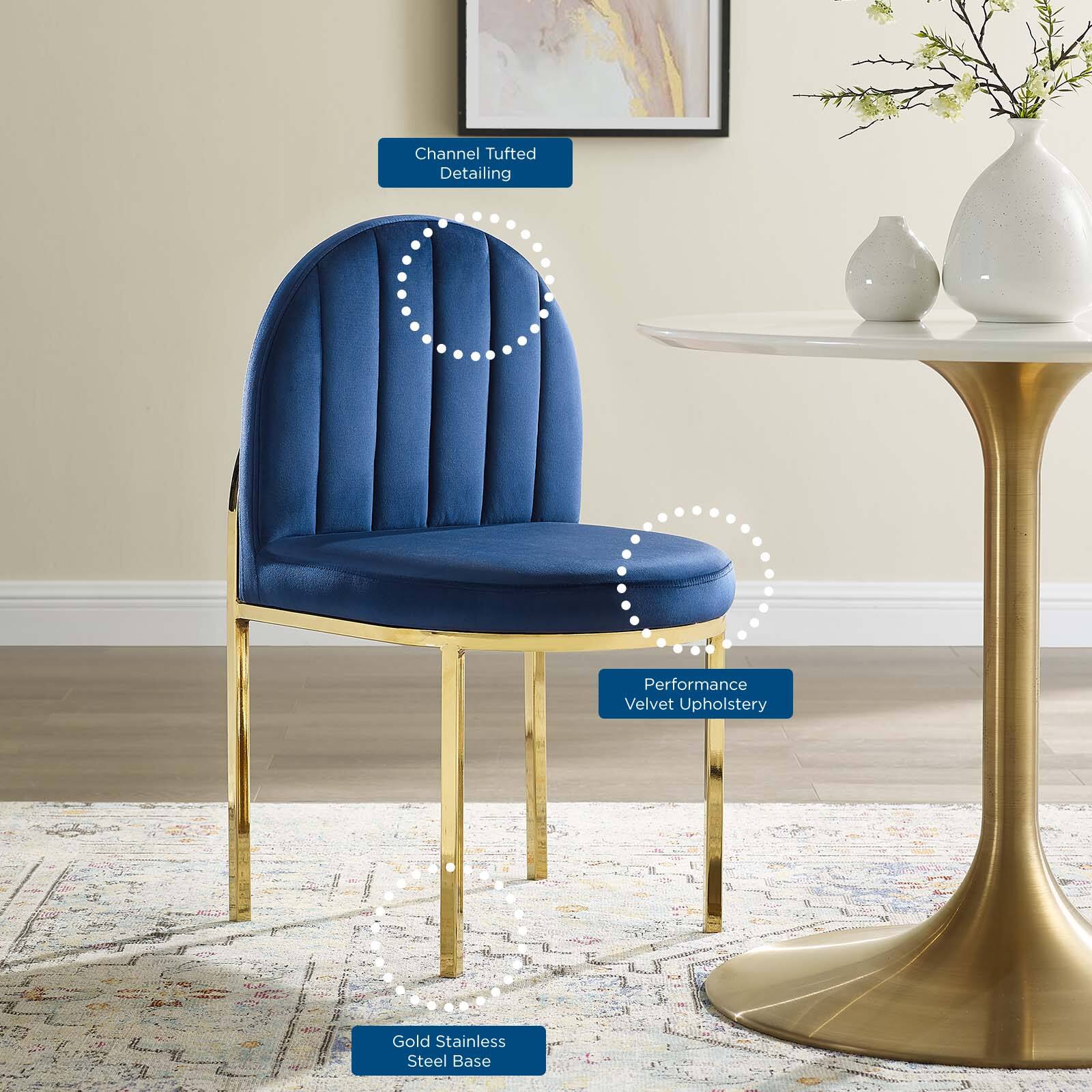 - Channel Tufted Detailing
- Performance Velvet Upholstery
- Gold Stainless Steel Base