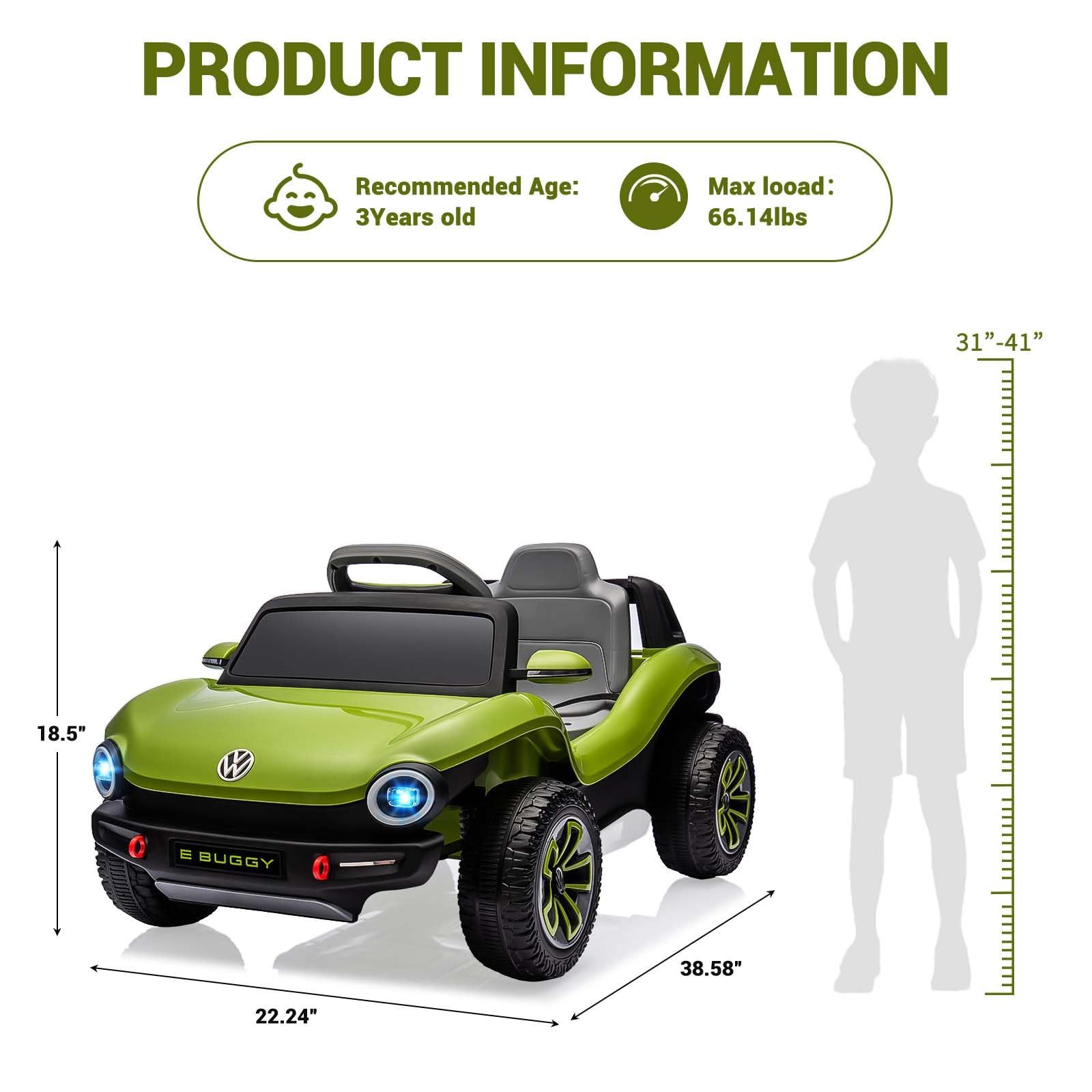 PRODUCT INFORMATION

Recommended Age: 3 Years old

Max load: 66.14lbs

Dimensions:
- Height: 31" - 41"
- Width: 18.5"
- Length: 38.58"
- Wheelbase: 22.24"