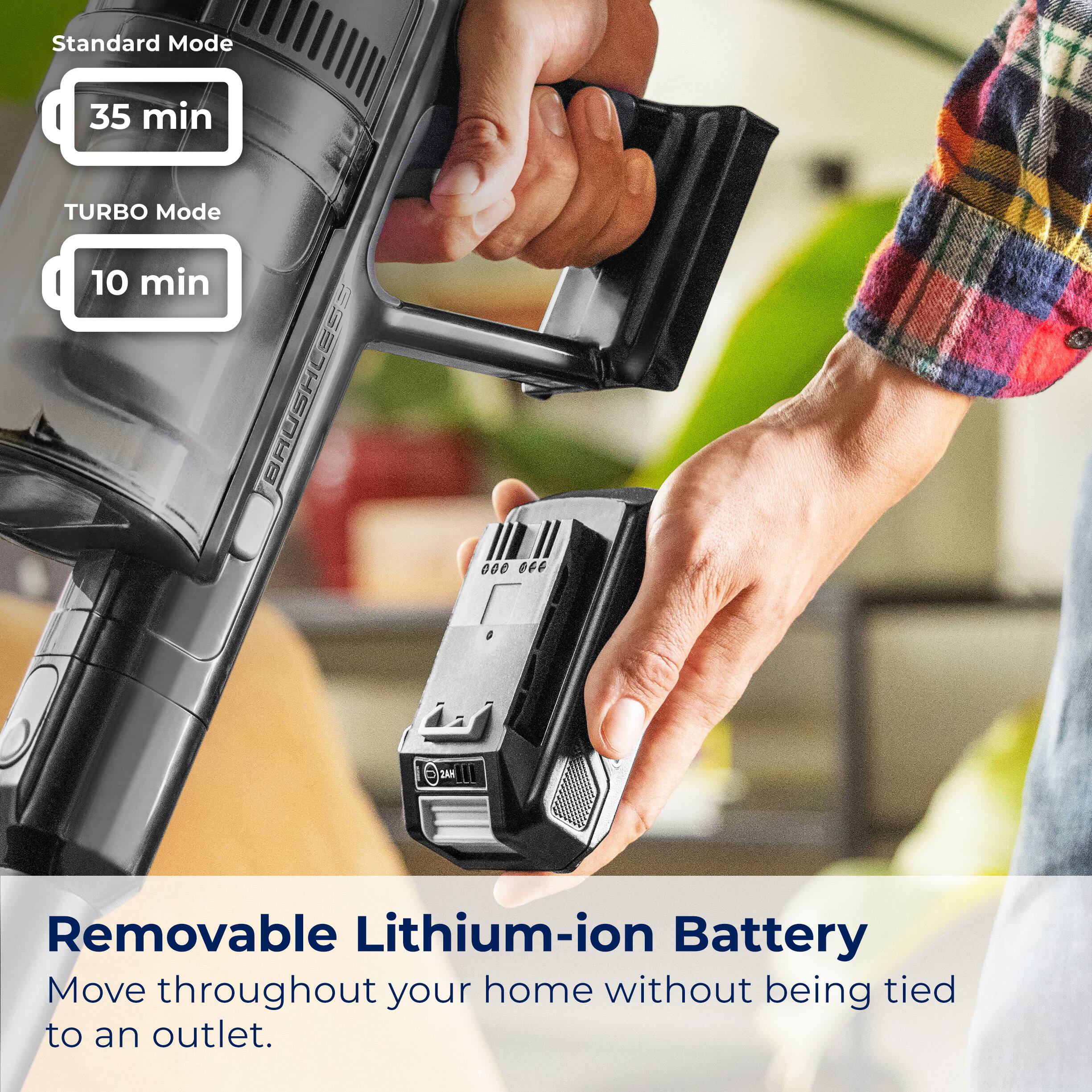 The text on the image reads: "Standard Mode 35 min TURBO Mode 10 min Removable Lithium-ion Battery Move throughout your home without being tied to an outlet."