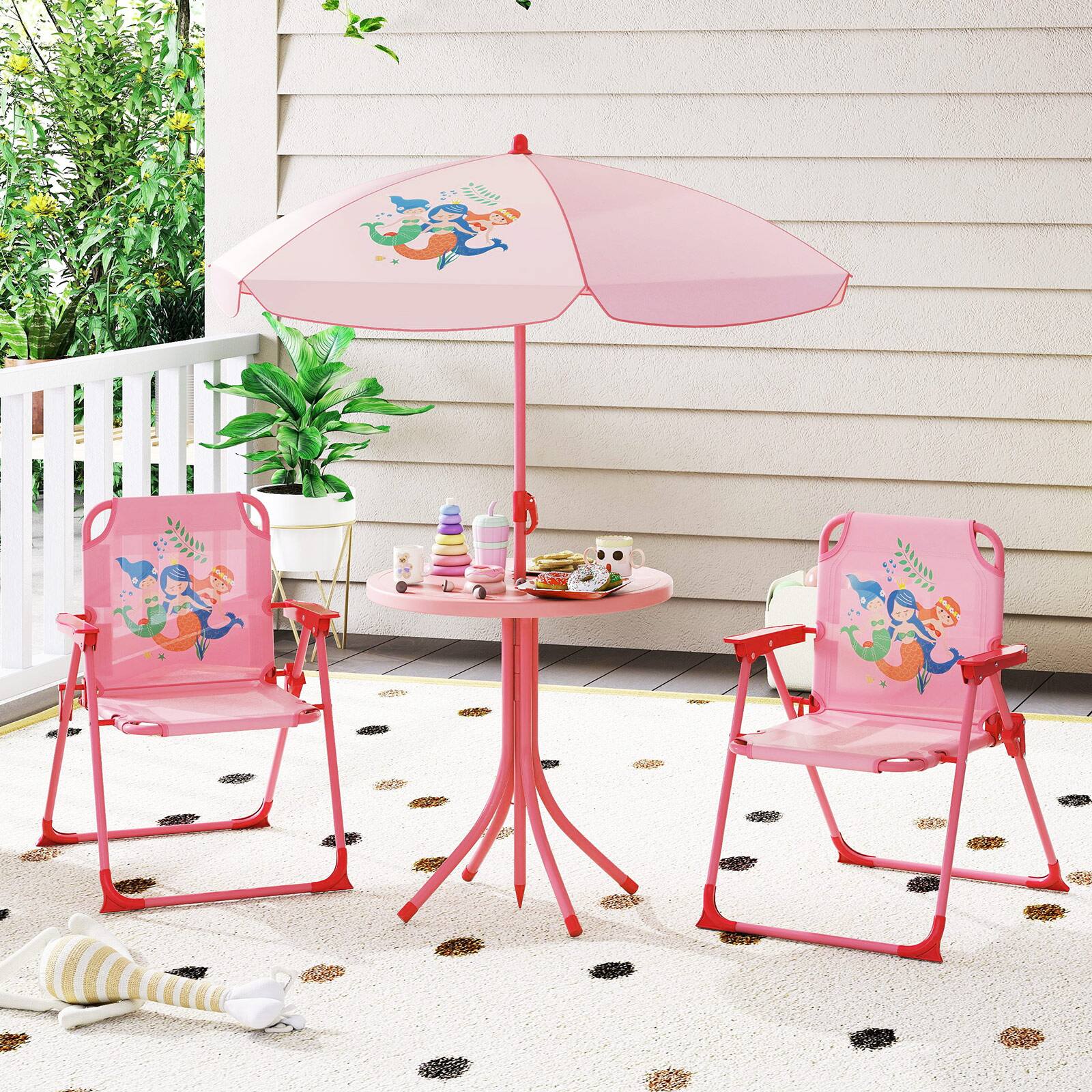 Alt View 1. Costway - Costway Kids Picnic Table & Chair Set with 2 Folding Chairs & Height Adjustable Umbrella - Pink.