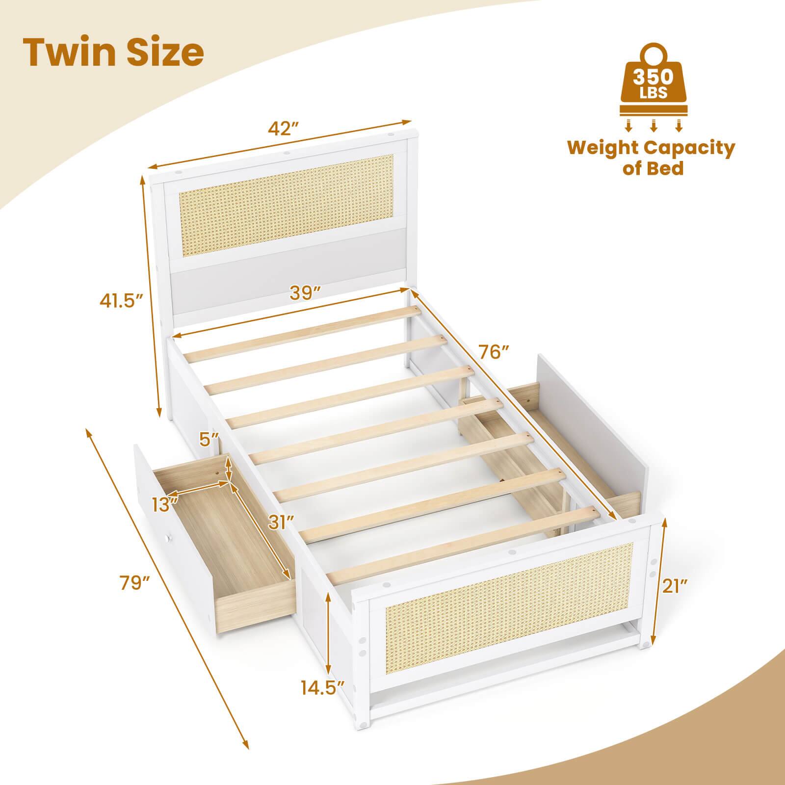 Twin Size  
350 LBS  
Weight Capacity of Bed  
42"  
41.5"  
39"  
76"  
5"  
13"  
31"  
79"  
21"  
14.5"
