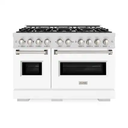 Front. ZLINE - ZLINE 48 in. Classic Satin Steel Double Oven Gas Range w/ 8 Burners & White Matte Doors (CGRS-WM-48) - White.