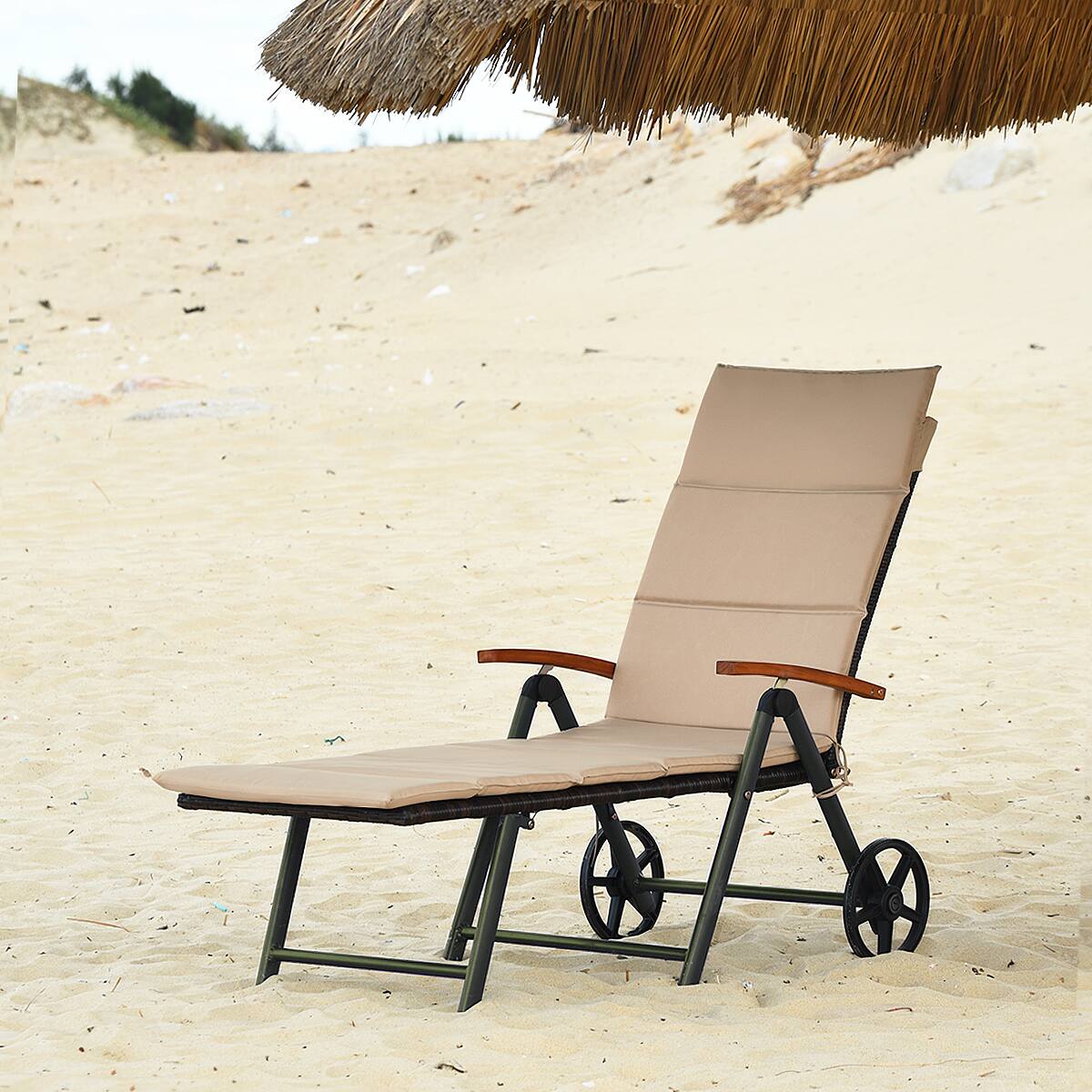 Alt View 3. Costway - Folding Outdoor Pool Chaise Lounge Chair Aluminum Rattan Lounger Recliner Chair W/Wheels - Brown.
