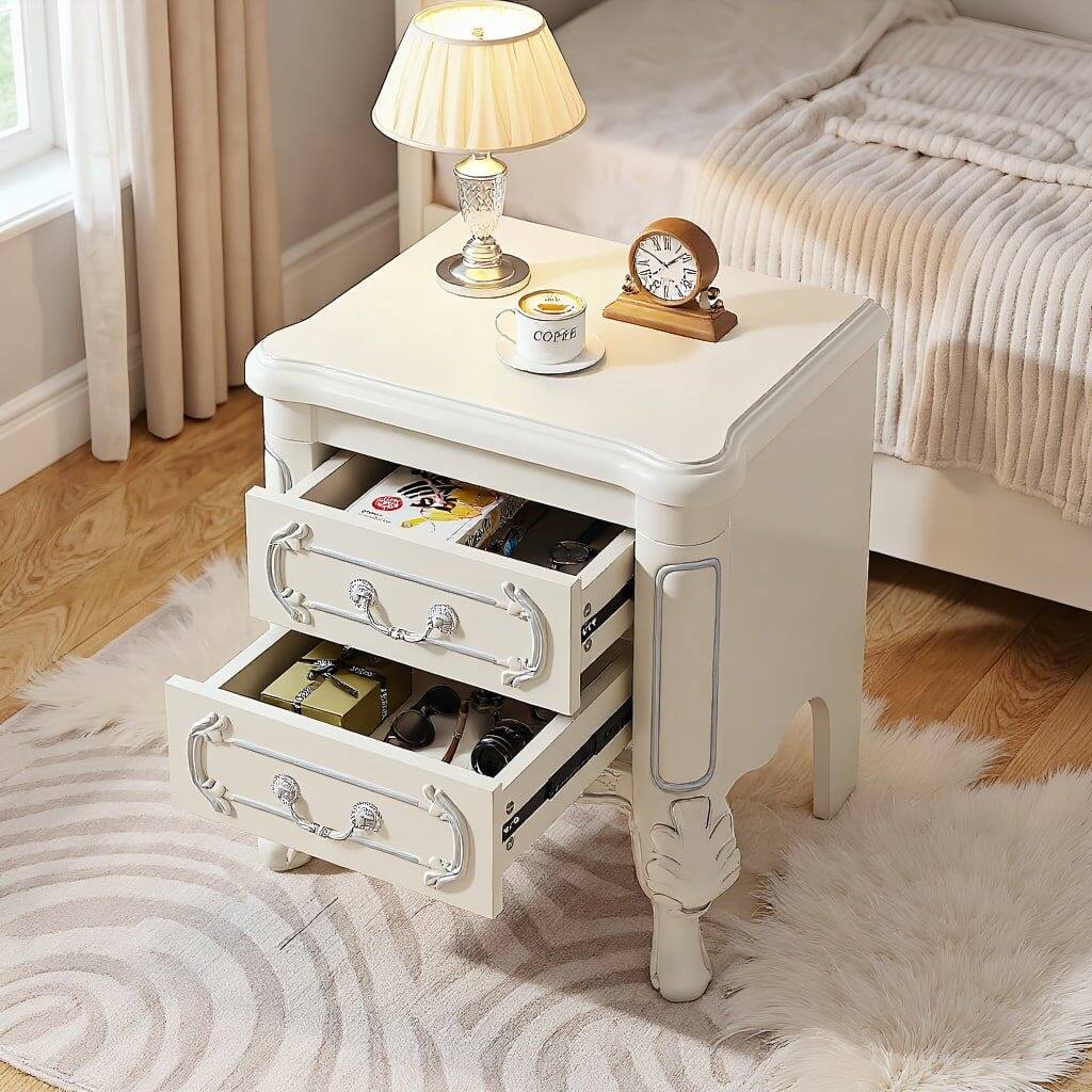 Left. Kadyn - Kadyn Elegant Carved Nightstand, Dual Drawer End Table for Bedroom, Sturdy & Stylish, White - White.