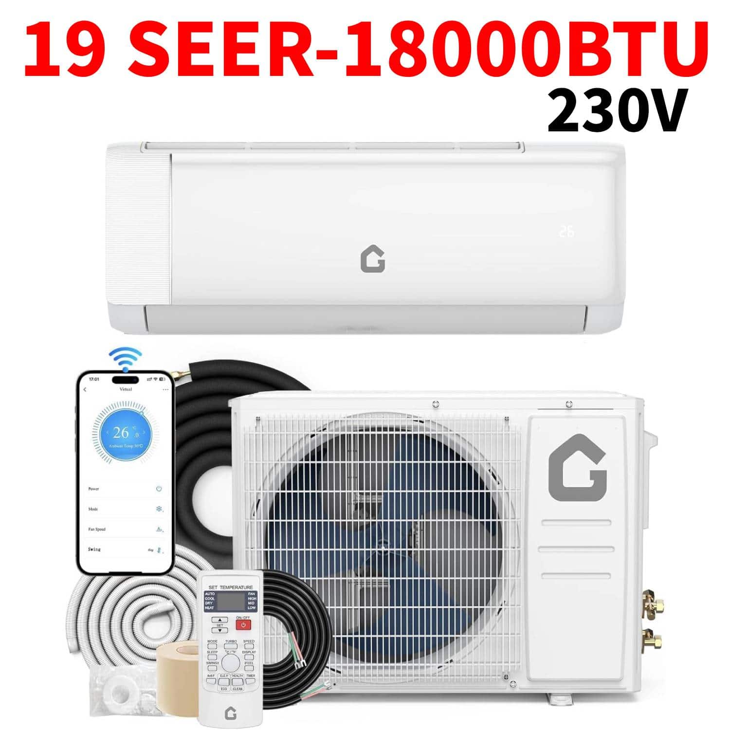 Acekool - 18000 Btus Mini Split Air Conditioner Smart & Remote Control for Up to 1250 Sq. Ft - White