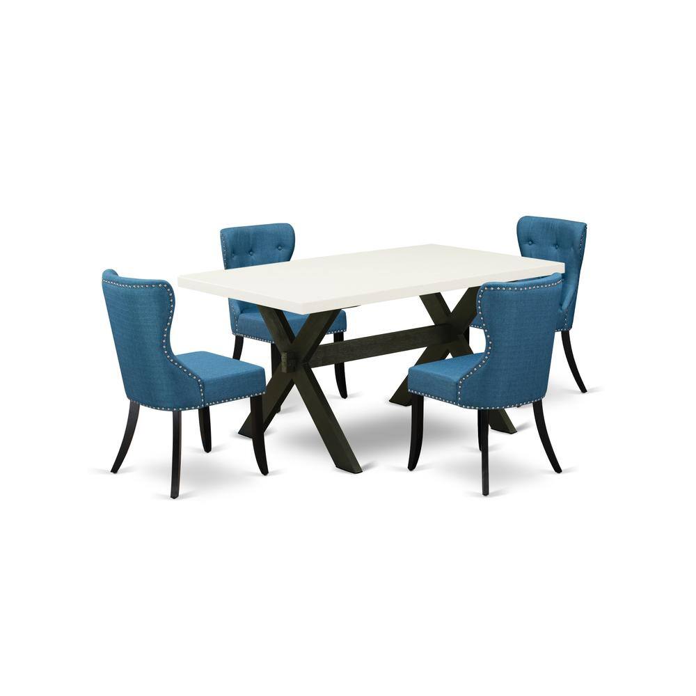 Left. East West Furniture - East West Furniture X626SI121-5 5-Piece Dining Room Table Set- 4 Parson Dining Room Chairs with Blue Linen Fabric Seat - Multi-Color.