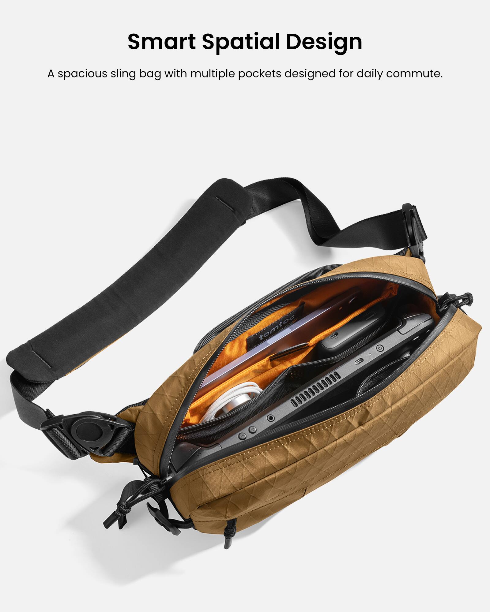 Smart Spatial Design: A spacious sling bag with multiple pockets designed for daily commute.