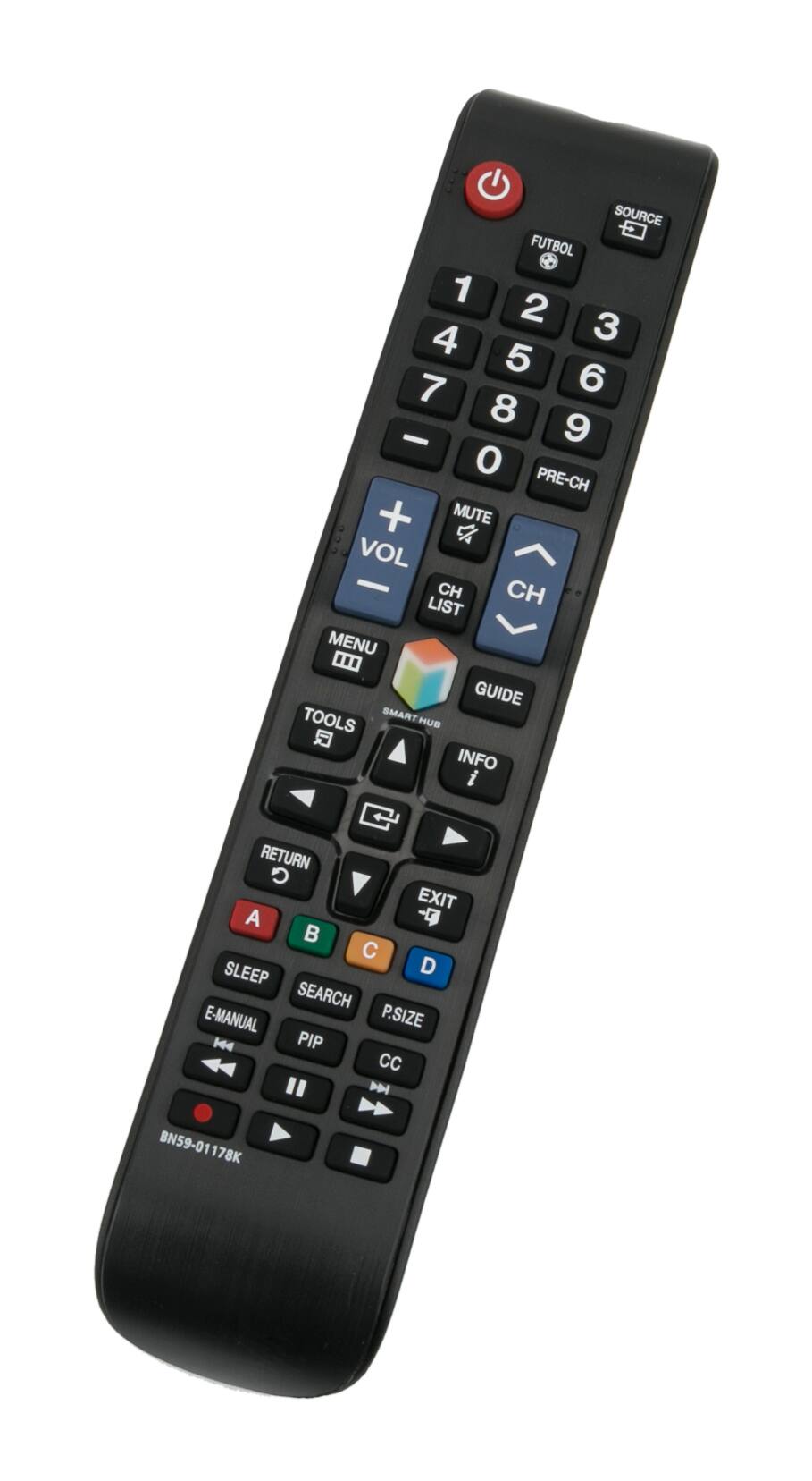 SOURCE FUTBOL 1 2 3 4 5 6 7 8 9 0 PRE-CH + MUTE VOL - CH CH LIST MENU GUIDE TOOLS SMART HUB INFO RETURN G EXIT A B C D SLEEP D SEARCH E-MANUAL P.SIZE PIP CC BN59-01178K
