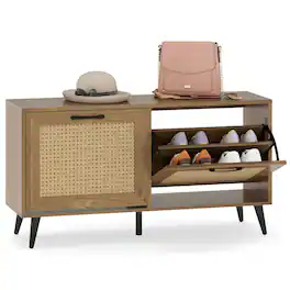 Costway - Rattan Shoe Storage Cabinet with 2 Flip Drawers Adjustable Shelves Solid Metal Legs - Natural