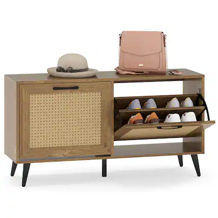 Front. Costway - Costway Rattan Shoe Storage Cabinet with 2 Flip Drawers Adjustable Shelves Solid Metal Legs - Natural.