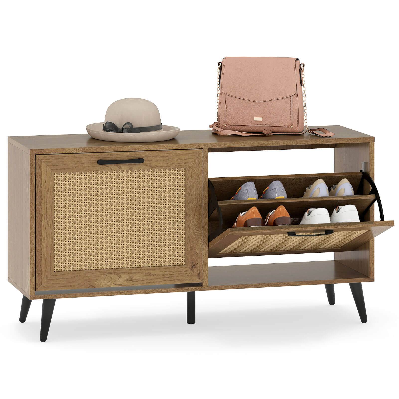 Front. Costway - Costway Rattan Shoe Storage Cabinet with 2 Flip Drawers Adjustable Shelves Solid Metal Legs - Natural.