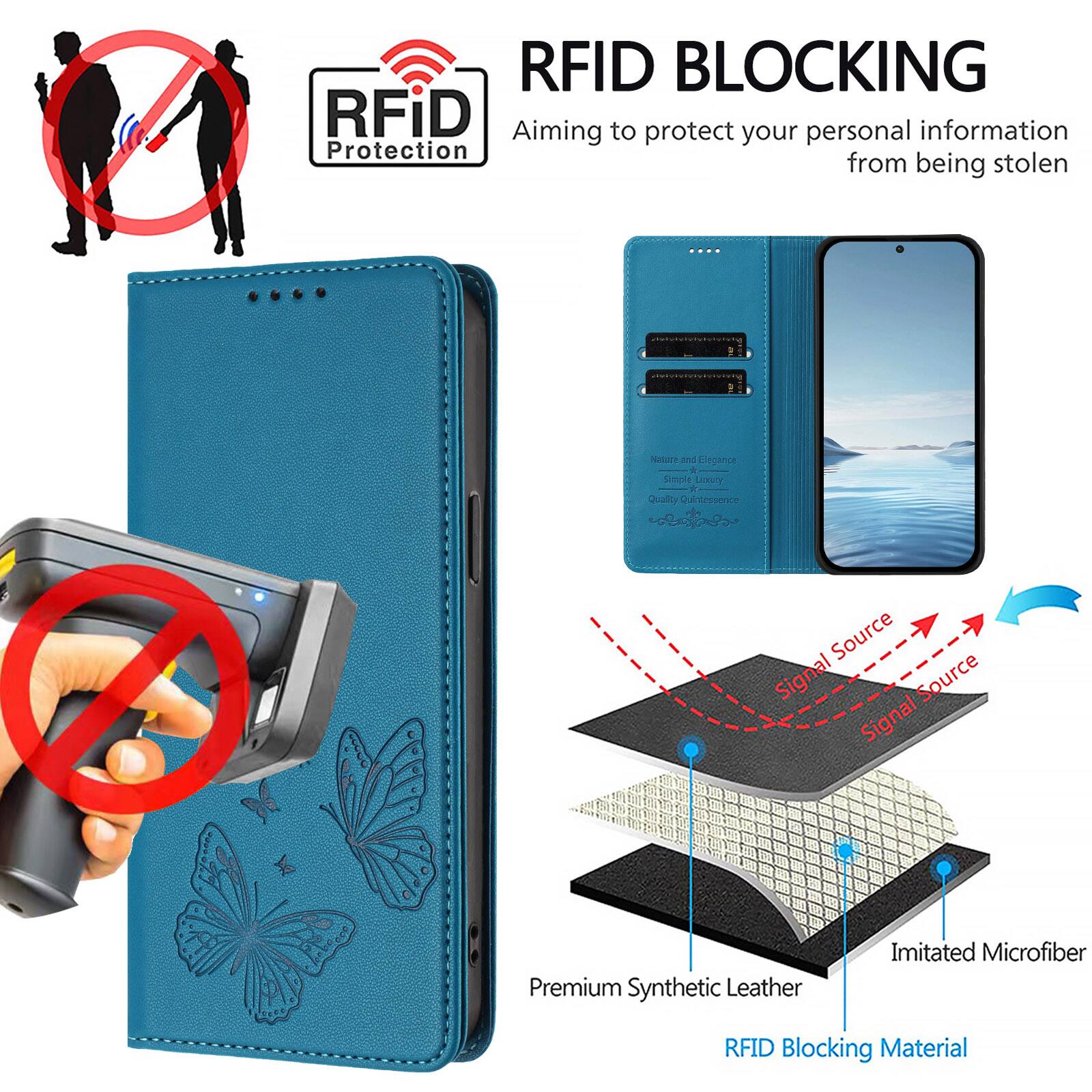 RFID BLOCKING  
Aiming to protect your personal information from being stolen  

RFID Protection  

Premium Synthetic Leather  
Imitated Microfiber  
RFID Blocking Material  

Nature and Elegance  
Simple Luxury  
Quality Quintessence