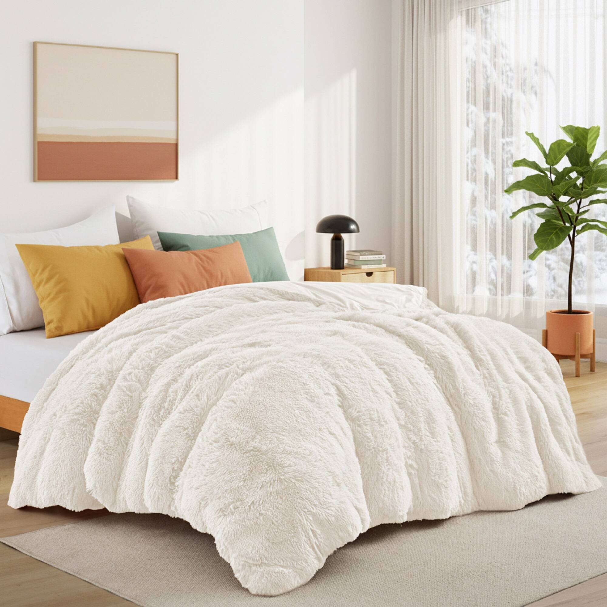 Back. Peace Nest - Peace Nest Shaggy Plush Comforter Set Faux Fur with Velvety Reversible Backing, Cream, Queen - Cream.