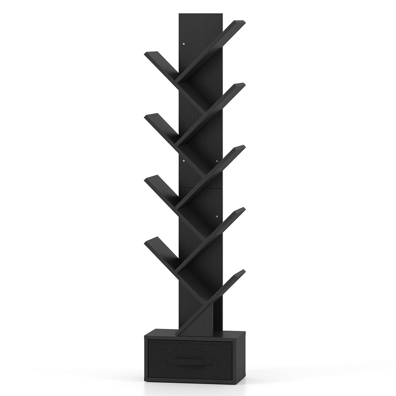Alt View 9. Costway - Costway 9-Tier Tree Bookshelf with Drawer, Floor Standing Bookcase for Narrow Space - Black.
