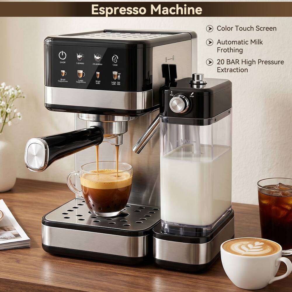 Espresso Machine

- Color Touch Screen
- Automatic Milk Frothing
- 20 BAR High Pressure Extraction

Lepresso
210.spresso
Clean
Automatic Milk Frothing 20 BAR High Pressure Extraction
Shat Cappuccino
Logo Doputano
HC
100
cream