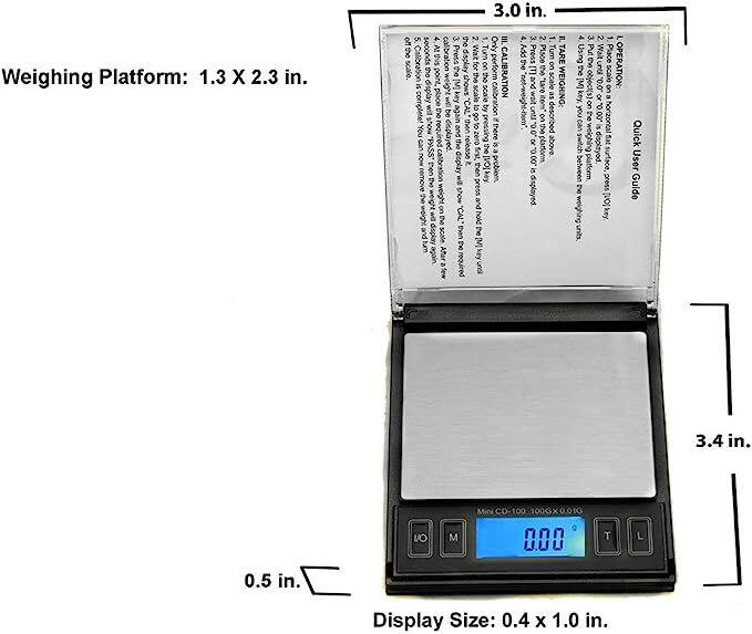 3.0 in.  
Weighing Platform: 1.3 X 2.3 in.  
2. III. 4. At the g seconds Press Wat Torn scale. splay for 8 0% point the smoys the cos CALIBRATION ROVE scale calibration "CAL S the 8 You 0000 bussed there "PASS % problionn. press "CAL" and disples scale 0g vete payning  
3 0 1 . Add Pross Place Turn TARE % w 3 CAS "LACO scale WEIGHING: net-weight-nem unti poquosop "0.0" 8 .00C. plation or displayed  
3 2 Put Wait KuSO Place oup until scale LOPERATION OO. [M]key, 8 3  Per Quick displayed. platform User press Guide  
3.4 in.  
VO  
M  
000  
T  
L  
0.5 in.  
Display Size: 0.4 X 1.0 in.