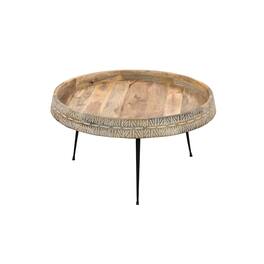 Manhattan Lane - Gia 29 Inch Modern Handcrafted Round Coffee Table, Natural Brown Wood Top with Carved Edge, Black Iron Legs - Brown, Black, White