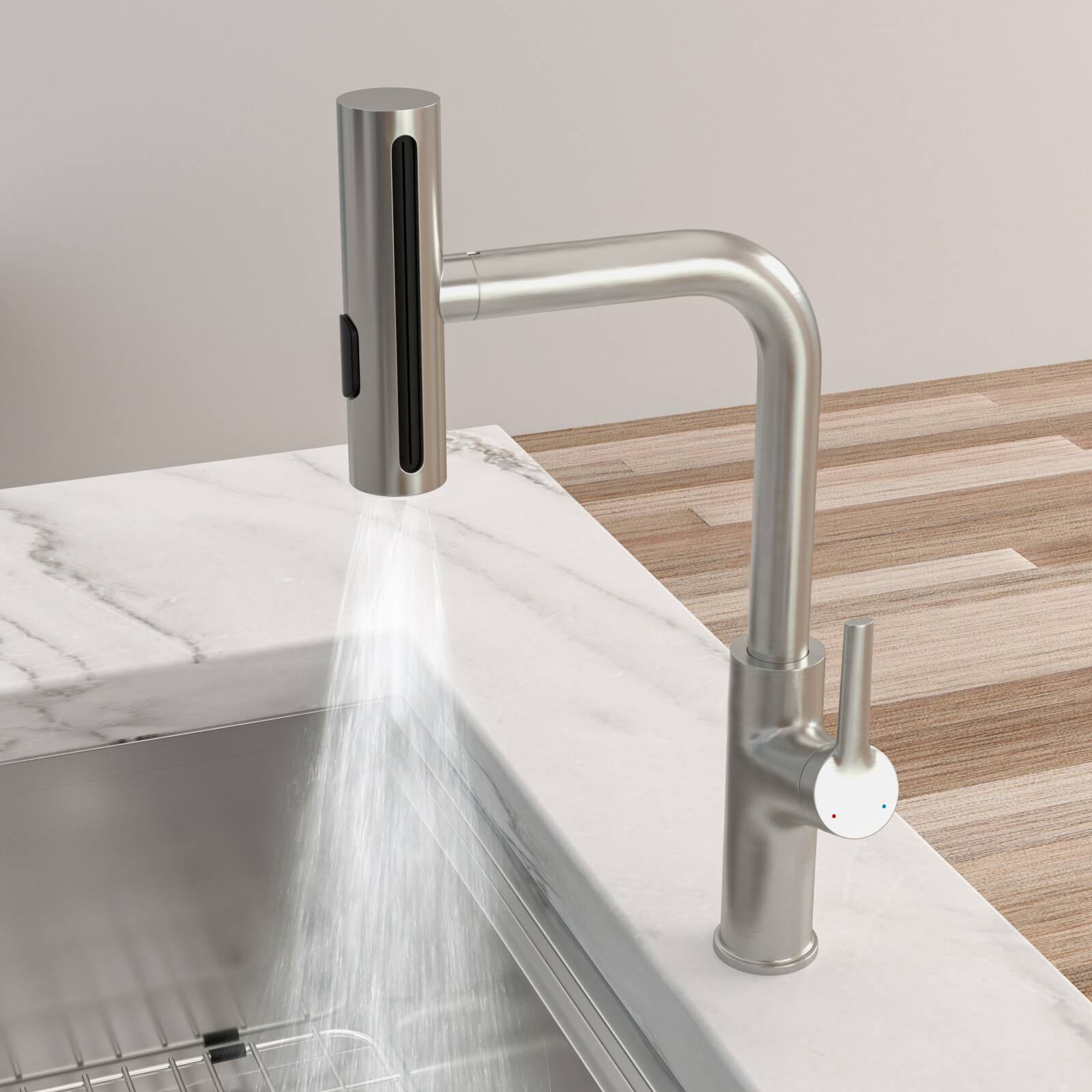 Angle. Siljoy - 360° Pull-Down Kitchen Faucet with 4 Spray Modes, Brushed Nickel - Brushed Nickel.