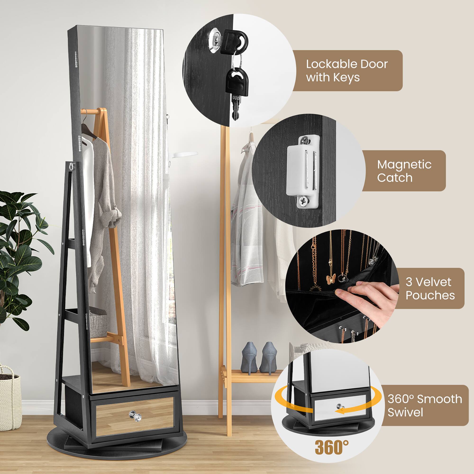 - Lockable Door with Keys
- Magnetic Catch
- 3 Velvet Pouches
- 360° Smooth Swivel