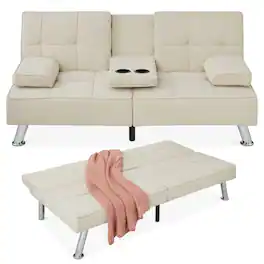 Best Choice Products - Modern Linen Convertible Futon Sofa Bed w/ Removable Armrests, Metal Legs, Cupholders - Ivory