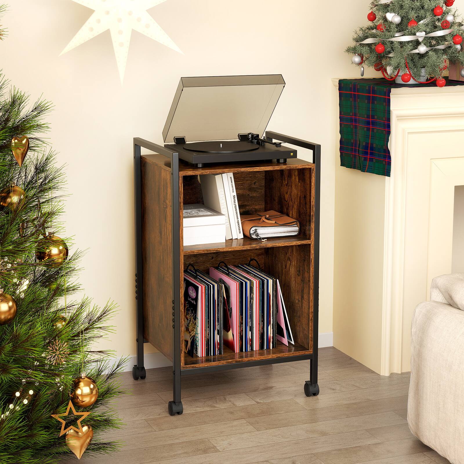 Angle. SlickBlue - Rolling Turntable Stand with Built-In Power Outlet and Vinyl Storage - Rustic Brown.