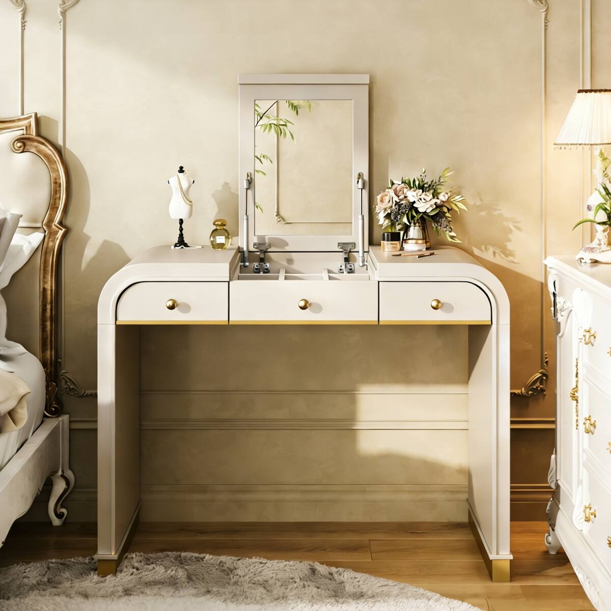 Back. Loheer - Loheer Vanity Desk with Flip-Up Mirror 3-in-1 Champagne Finish with Two Drawers - Champagne.