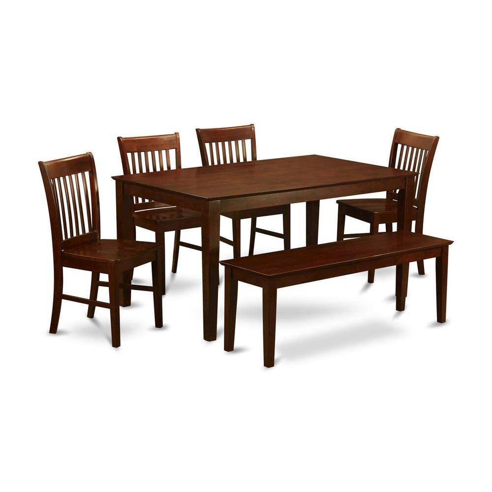 Alt View 2. FurniFact - Solid Wood Dining Table with Chairs and Bench, Kitchen Set for 6 People - Mahogany.