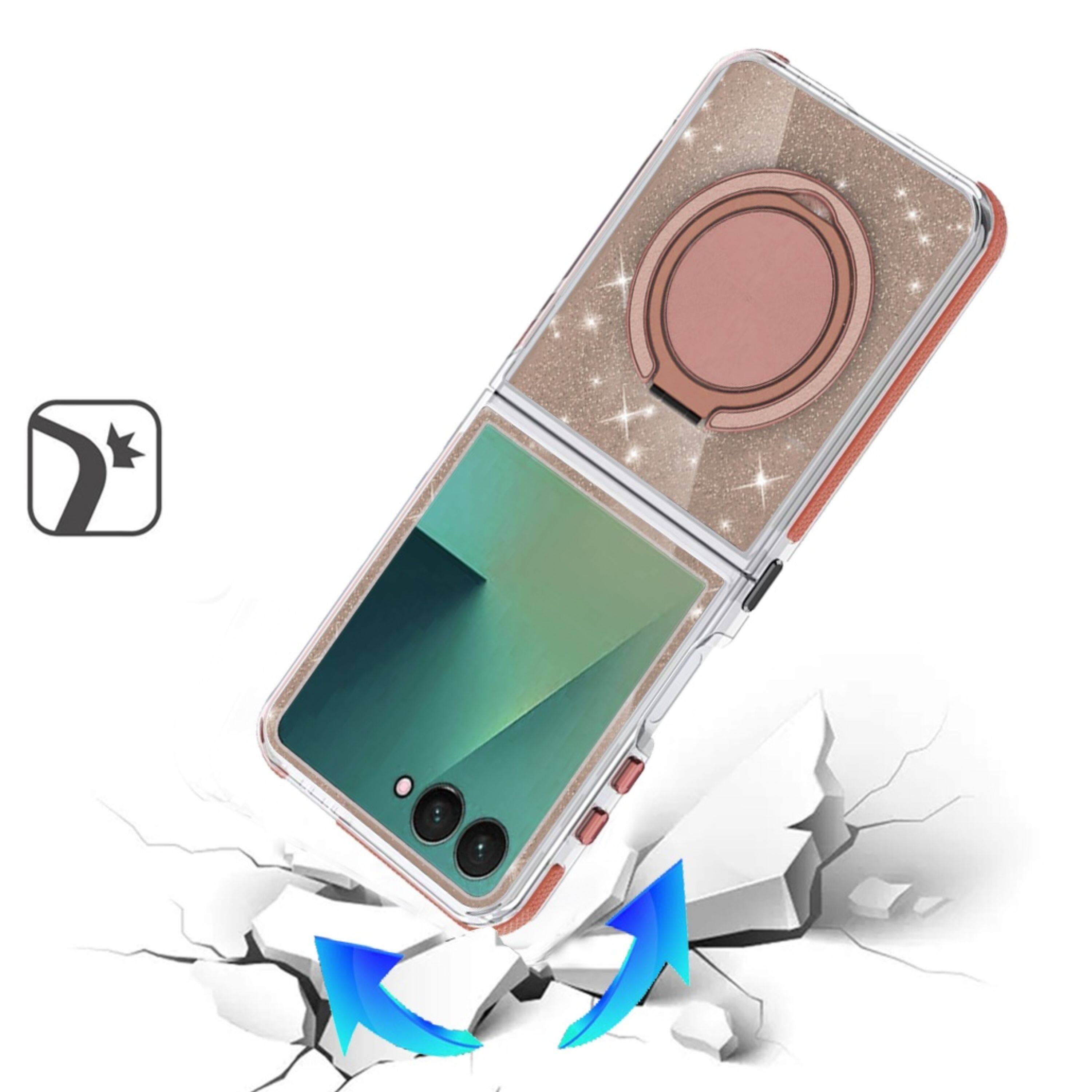 Left. Kitcheniva - Full Glitter Magnetic Circle Case With Stand Tempered Glass For Samsung Z Flip7 Gold - Gold.