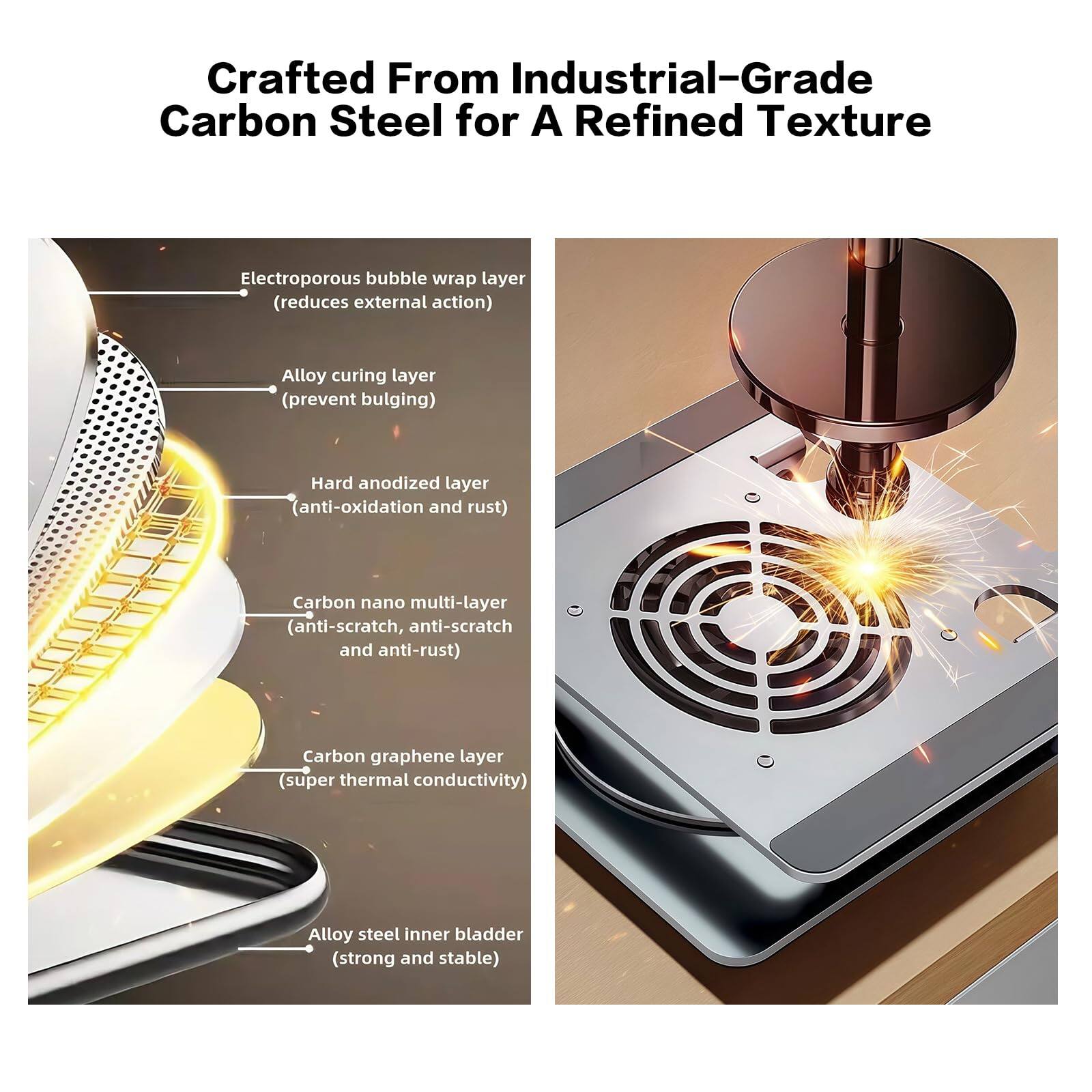Crafted From Industrial-Grade Carbon Steel for A Refined Texture

- Electroporous bubble wrap layer (reduces external action)
- Alloy curing layer (prevent bulging)
- Hard anodized layer (anti-oxidation and rust)
- Carbon nano multi-layer (anti-scratch, anti-scratch and anti-rust)
- Carbon graphene layer (super thermal conductivity)
- Alloy steel inner bladder (strong and stable)