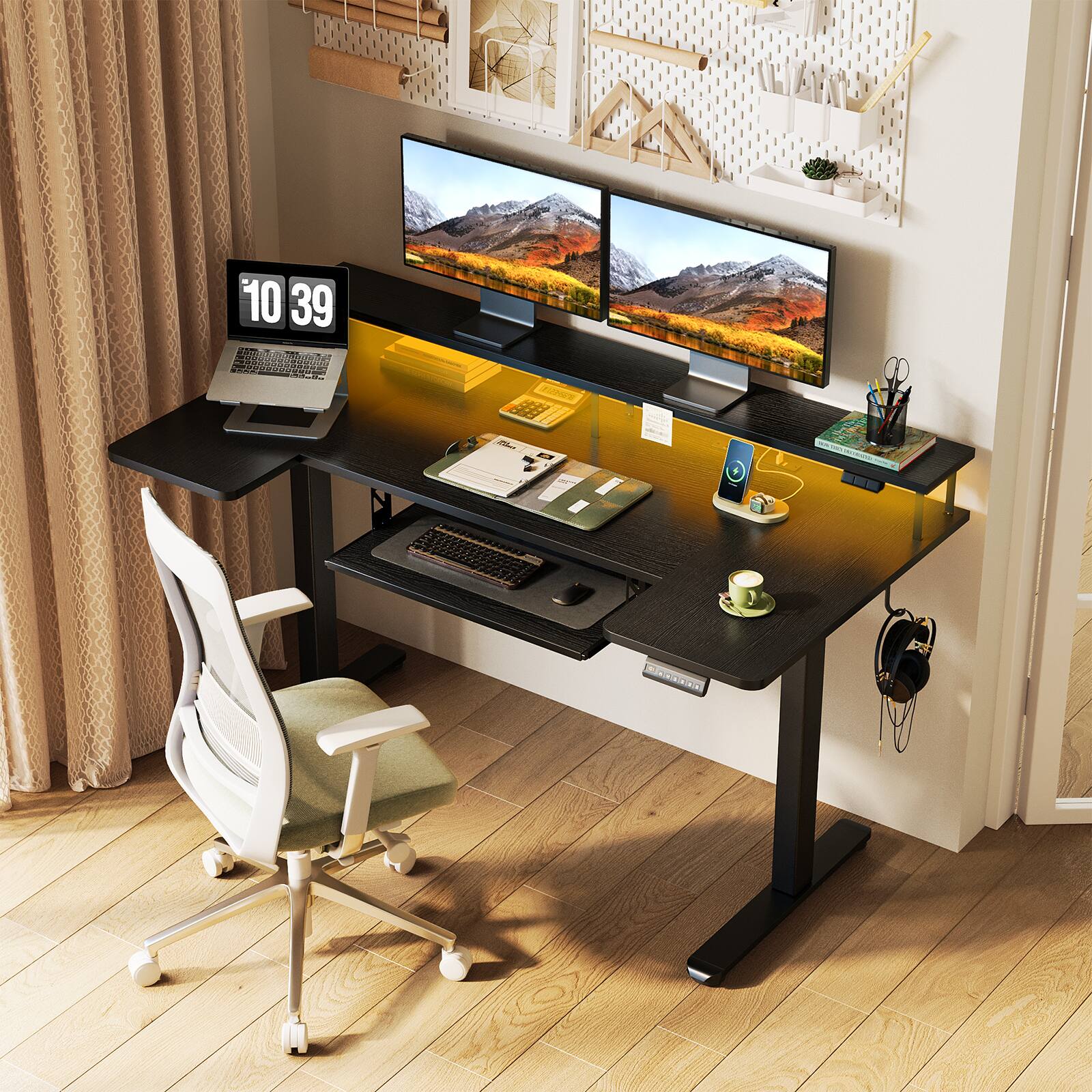 Alt View 1. AODK - 55" U-Shaped Electric Height-Adjustable Standing Desk with Keyboard Tray,Power Outlets and LED Lights - BLack.