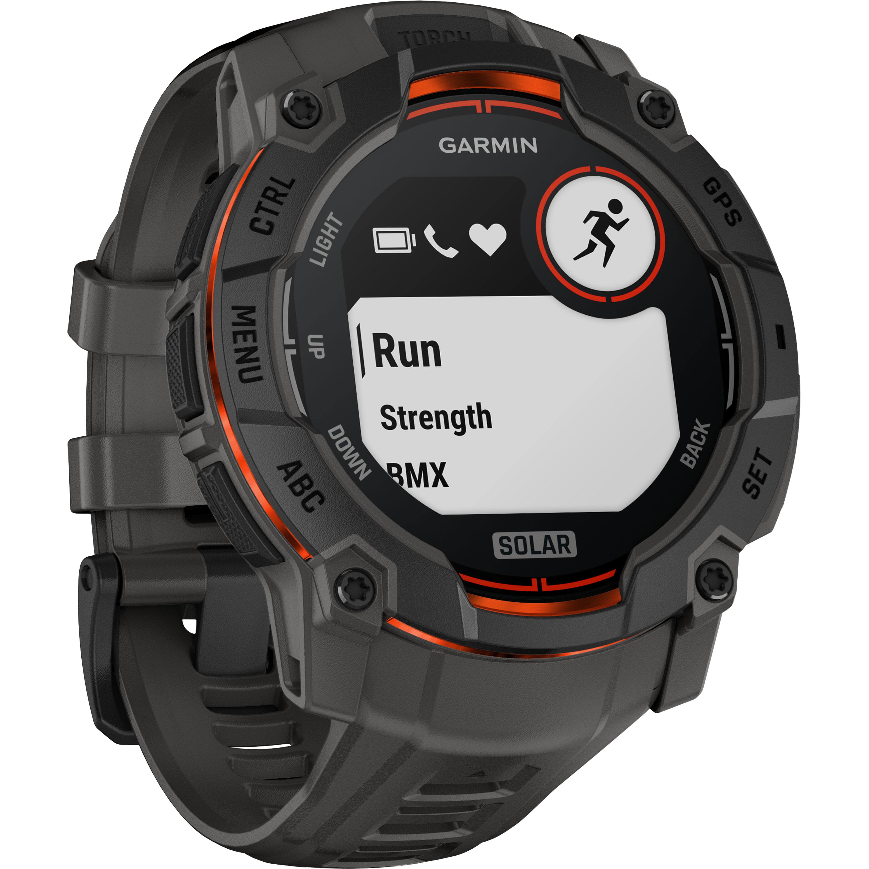 Garmin is the brand of the watch. The watch has a solar feature and is designed for strength training. The watch face displays the word "Run" and has a heart icon. The watch also has a GPS feature and a backlight.