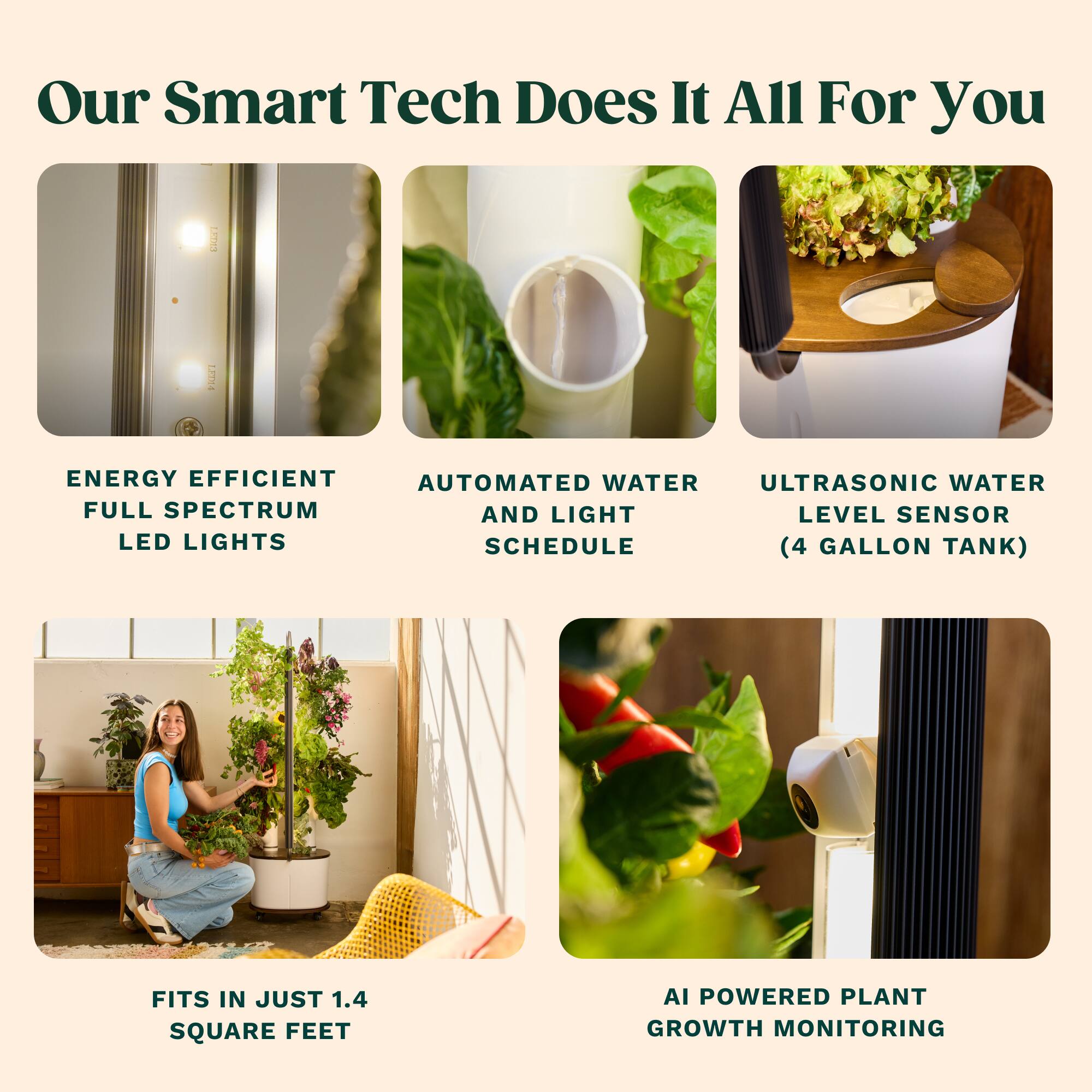 Our Smart Tech Does It All For You

- ENERGY EFFICIENT FULL SPECTRUM LED LIGHTS
- AUTOMATED WATER AND LIGHT SCHEDULE
- ULTRASONIC WATER LEVEL SENSOR (4 GALLON TANK)
- FITS IN JUST 1.4 SQUARE FEET
- AI POWERED PLANT GROWTH MONITORING