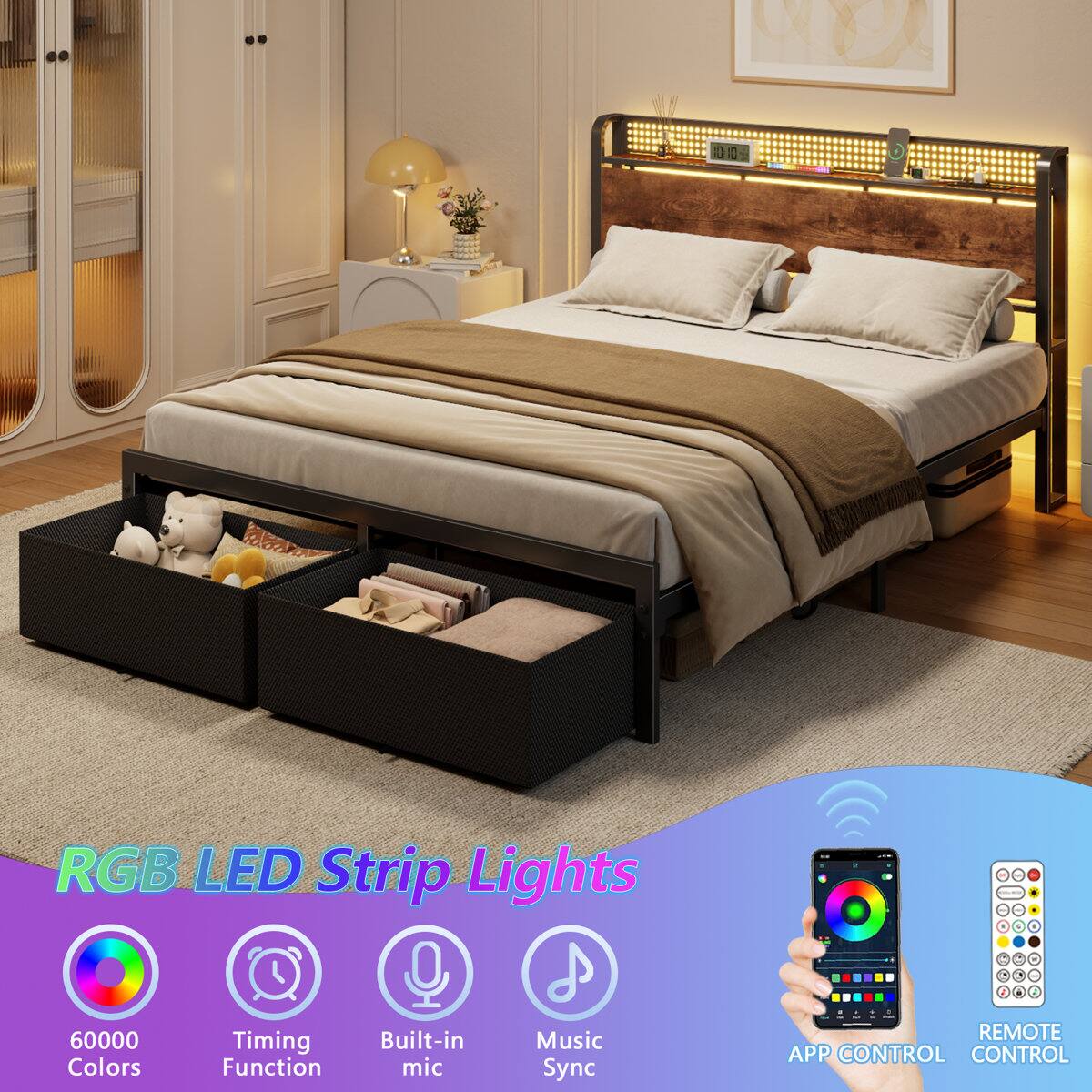 RGB LED Strip Lights - 60000 Colors Timing Function Built-in mic Music Sync REMOTE APP CONTROL