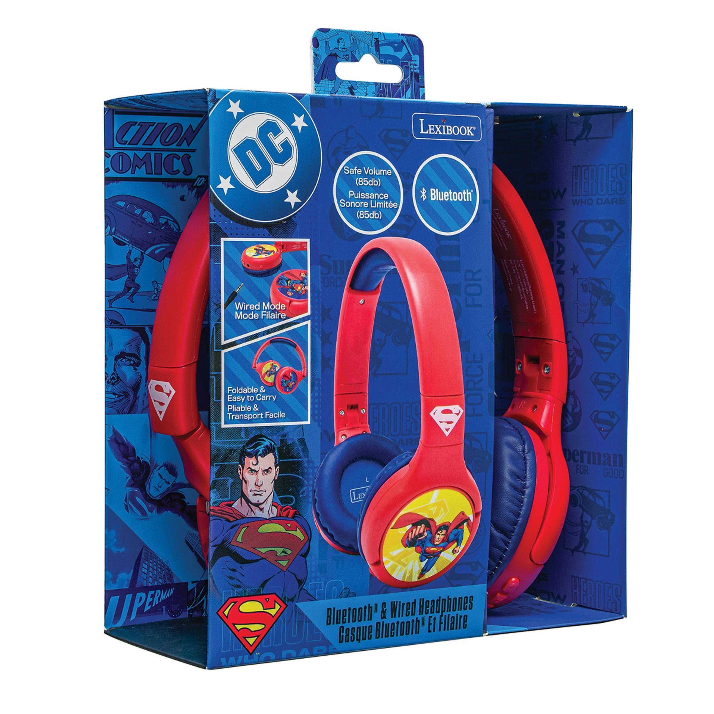 **LexiBook**

**DC Safe (85db) Volume Puissance Bluetooth Sonore Limite (85db)**

- **Safe Volume (85db)**
- **Puissance Sonore Limite (85db)**

- **Bluetooth**
- **Wired Mode**
- **Mode Filaire**

- **Foldable & Easy to Carry**
- **Pliable & Facile à Transporter**

- **Superman**
- **FOR GOOD**

- **Bluetooth & Wired Headphones**
- **Casque Bluetooth & Filaire**