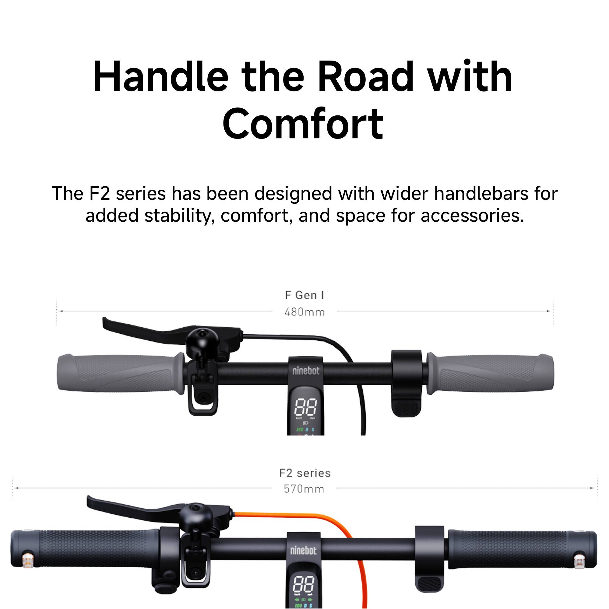 Handle the Road with Comfort: The F2 series has been designed with wider handlebars for added stability, comfort, and space for accessories. F Gen I (480mm) and F2 series (570mm) handlebars are available for the Ninebot Fe series.