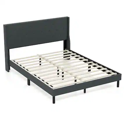 Front. Costway - Costway Queen Size Bed Frame Linen Upholstered Mattress Foundation with Wooden Slats - Dark Gray.