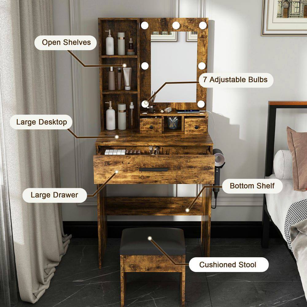 - Open Shelves
- 7 Adjustable Bulbs
- Large Desktop
- Large Drawer
- Bottom Shelf
- Cushioned Stool