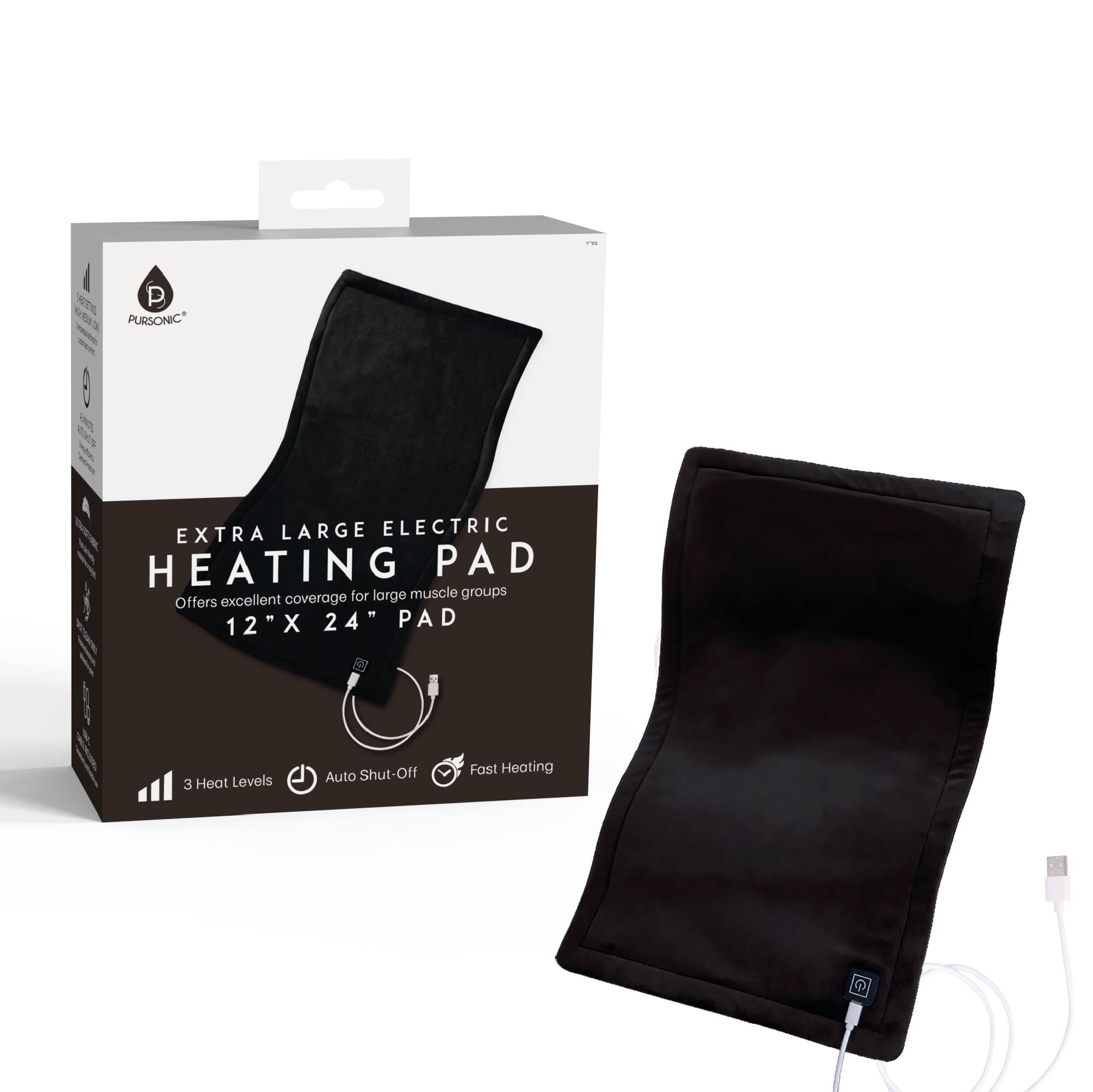 Pursonic - Large Electric Heating Pad with USB-C – 12"x24", Ultra Soft Fabric, 3 Heat Settings, Auto Shut-Off - Multicolor