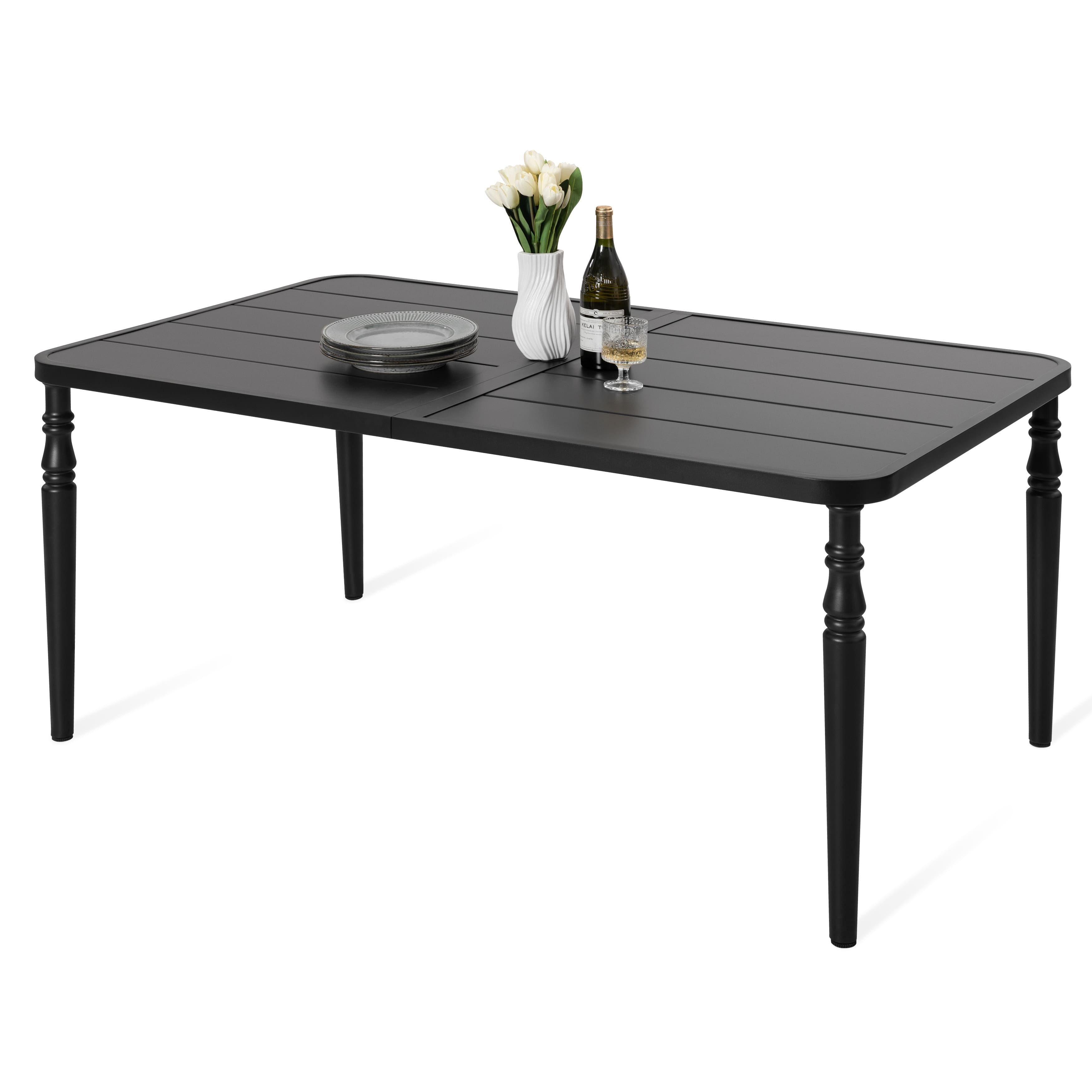 Nuu Garden - Outdoor 61'' x 37'' Rectangle Iron Dining Table with 1.6'' Umbrella Hole, Slatted Tabletop - Black