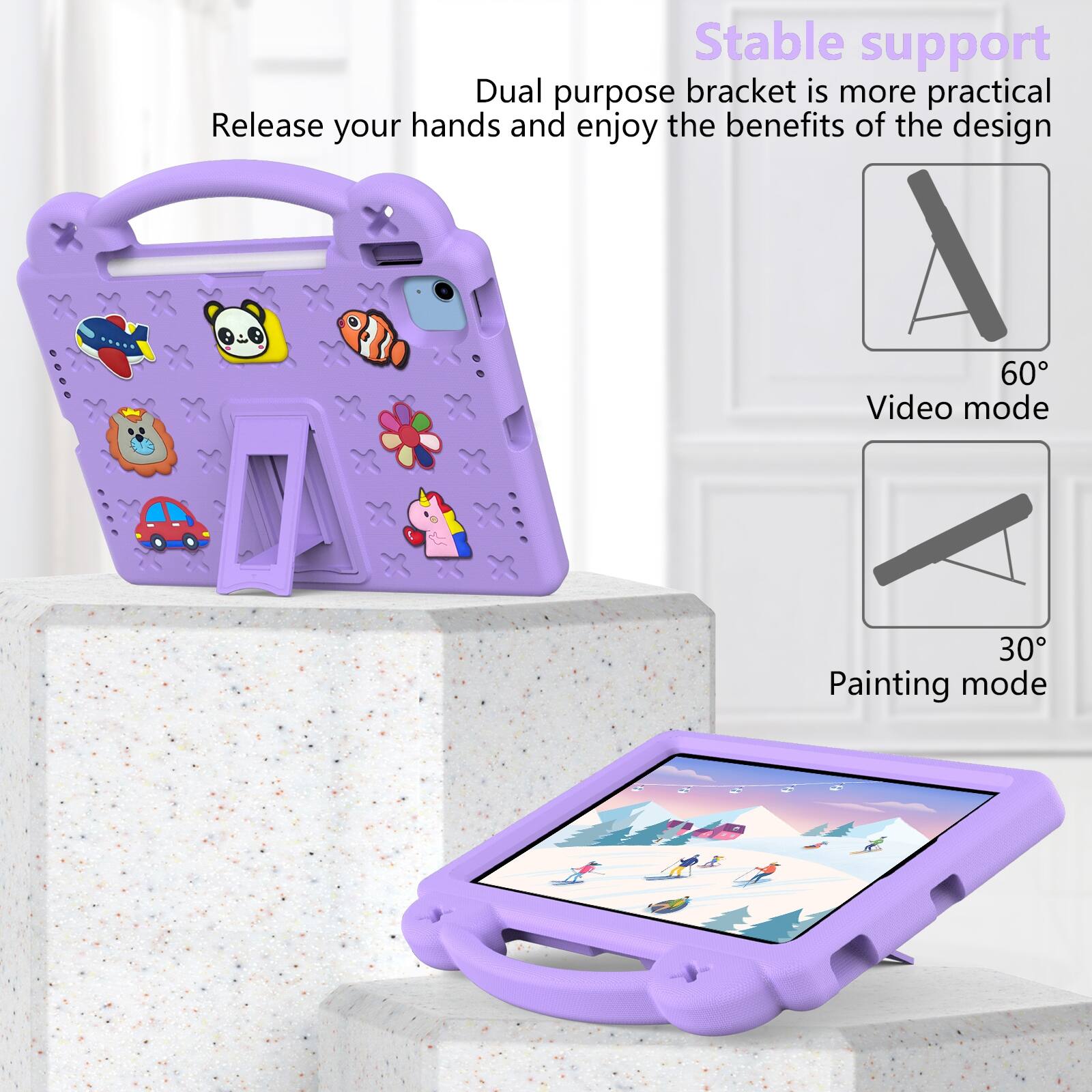 Stable support  
Dual purpose bracket is more practical  
Release your hands and enjoy the benefits of the design  

60° Video mode  
30° Painting mode