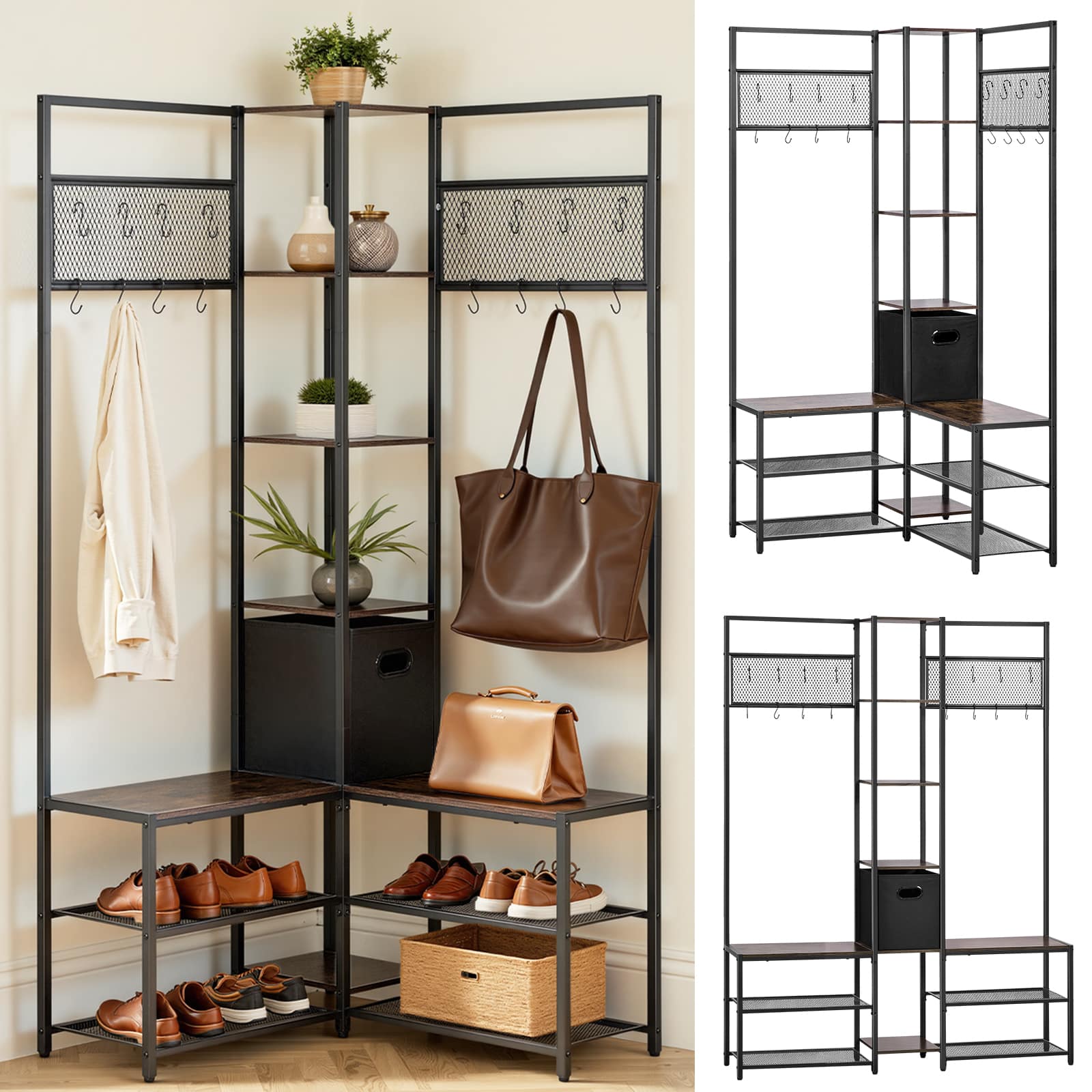 VEVOR - Corner Hall Tree with Shoe Bench, 70.9 in Coat Rack with Hooks and Steel Frame, Freestanding Clothes Shoes Rack Storage - Brown