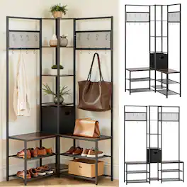 VEVOR - Corner Hall Tree with Shoe Bench, 70.9 in Coat Rack with Hooks and Steel Frame, Freestanding Clothes Shoes Rack Storage - Brown