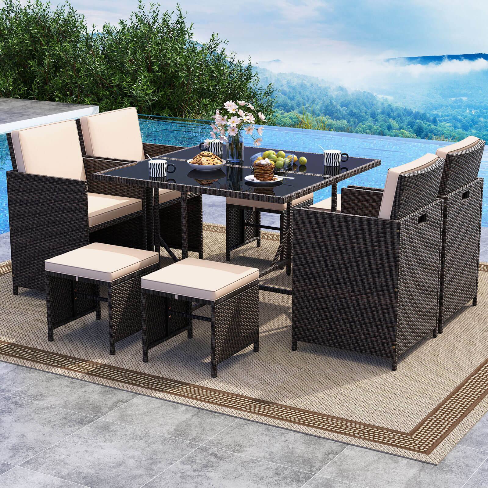 Alt View 1. Costway - Costway 9 PCS Patio Dining Set with Tempered Glass Table & Ottoman Removable Cushions - Beige.