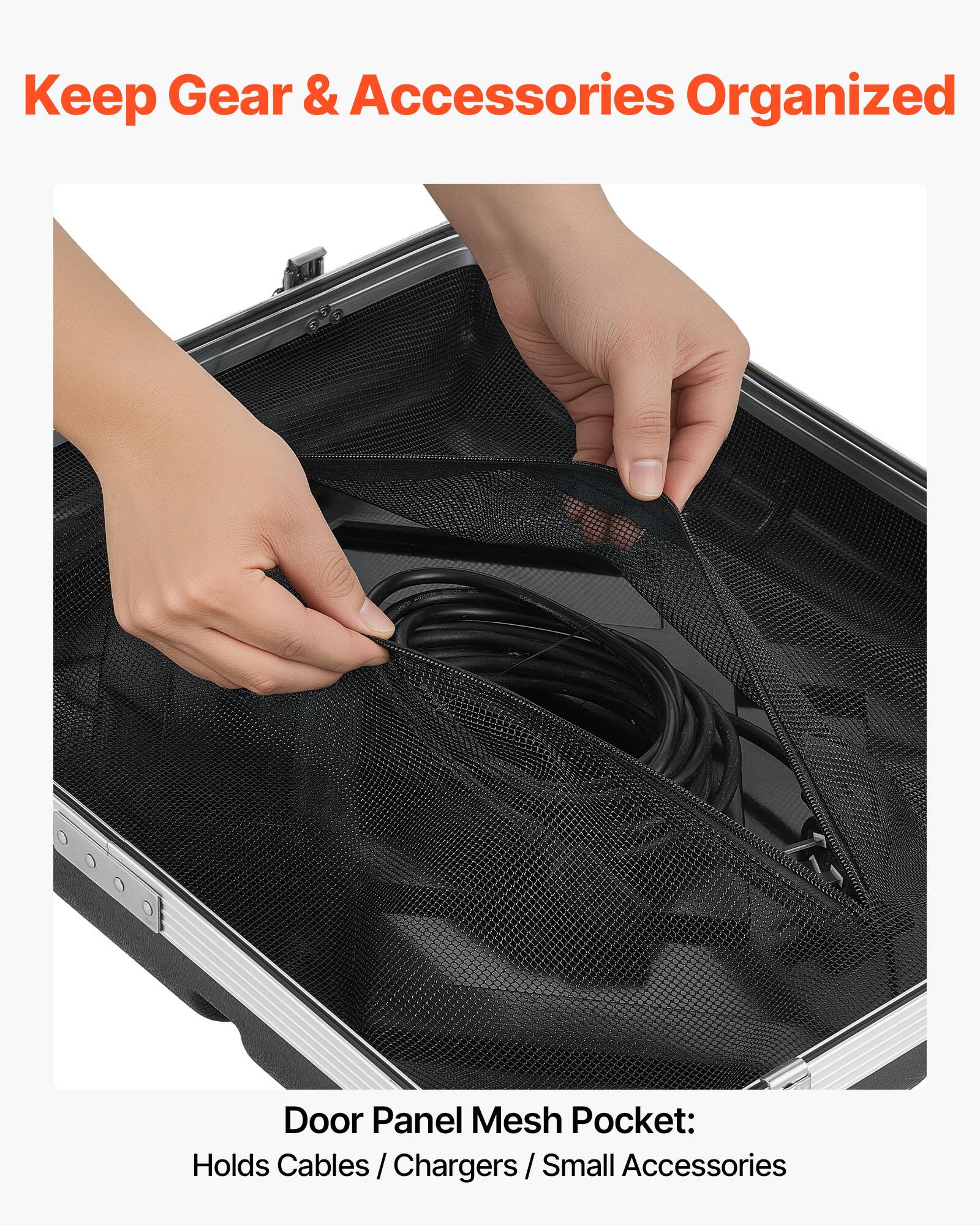 Keep Gear & Accessories Organized

Door Panel Mesh Pocket: Holds Cables / Chargers / Small Accessories